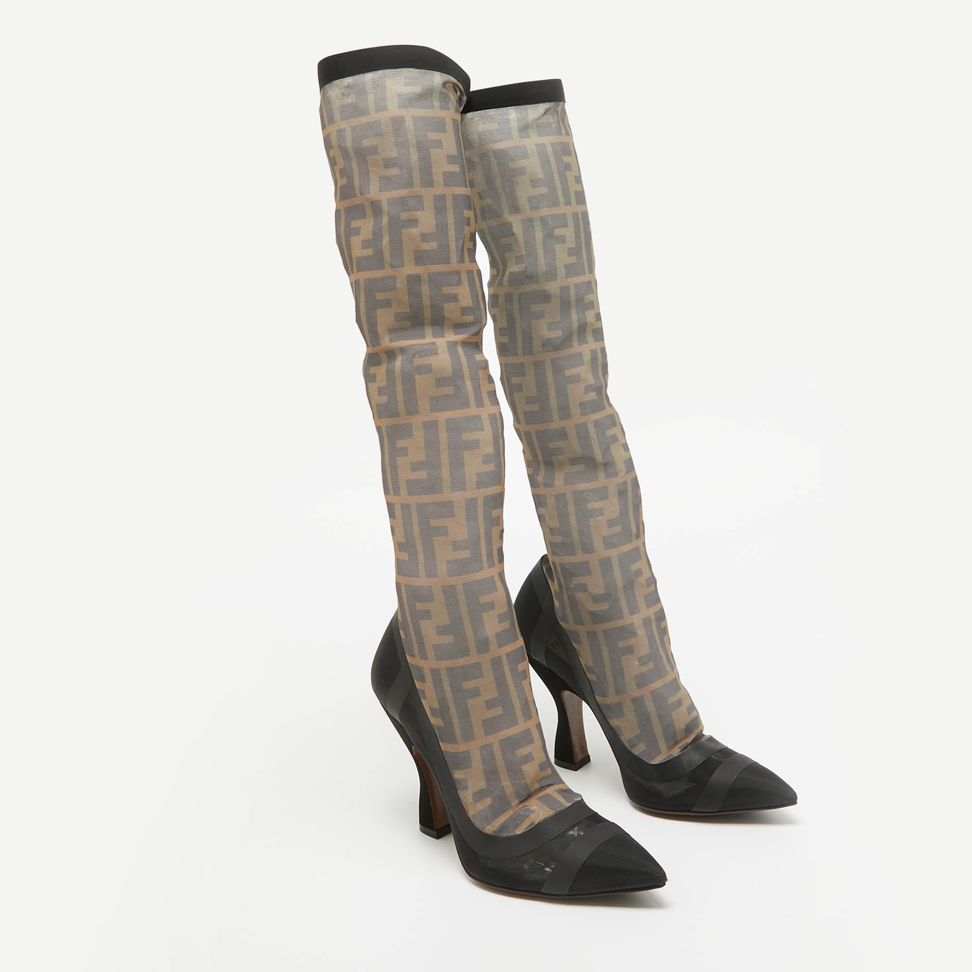 Fendi Schwarz Mesh FF Colibri Mid- Kalbslederstiefel aus Mesh Größe 38 Damen