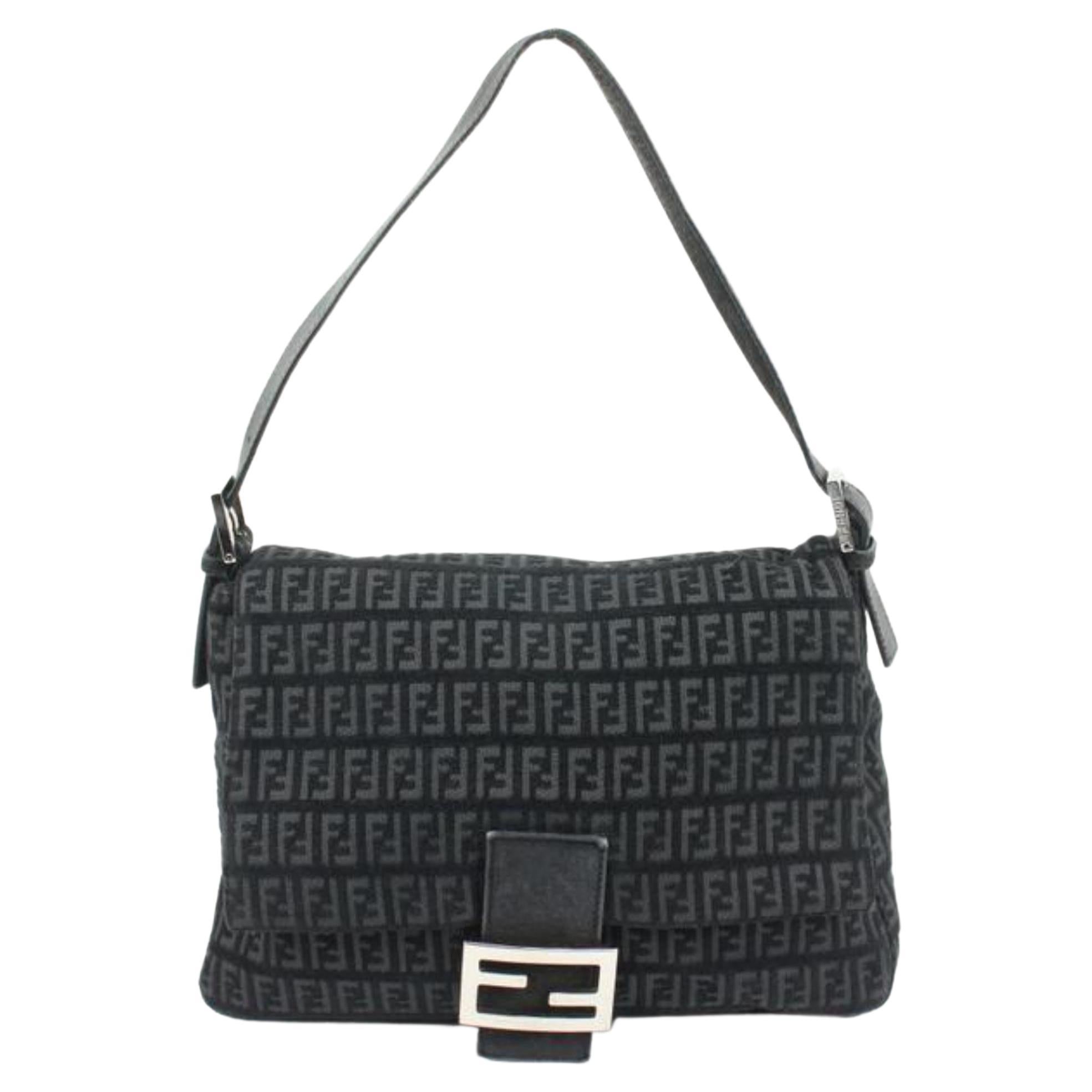 Fendi Black Monogram FF Zucchino Mama Baguette Shoulder bag 84f418s For Sale
