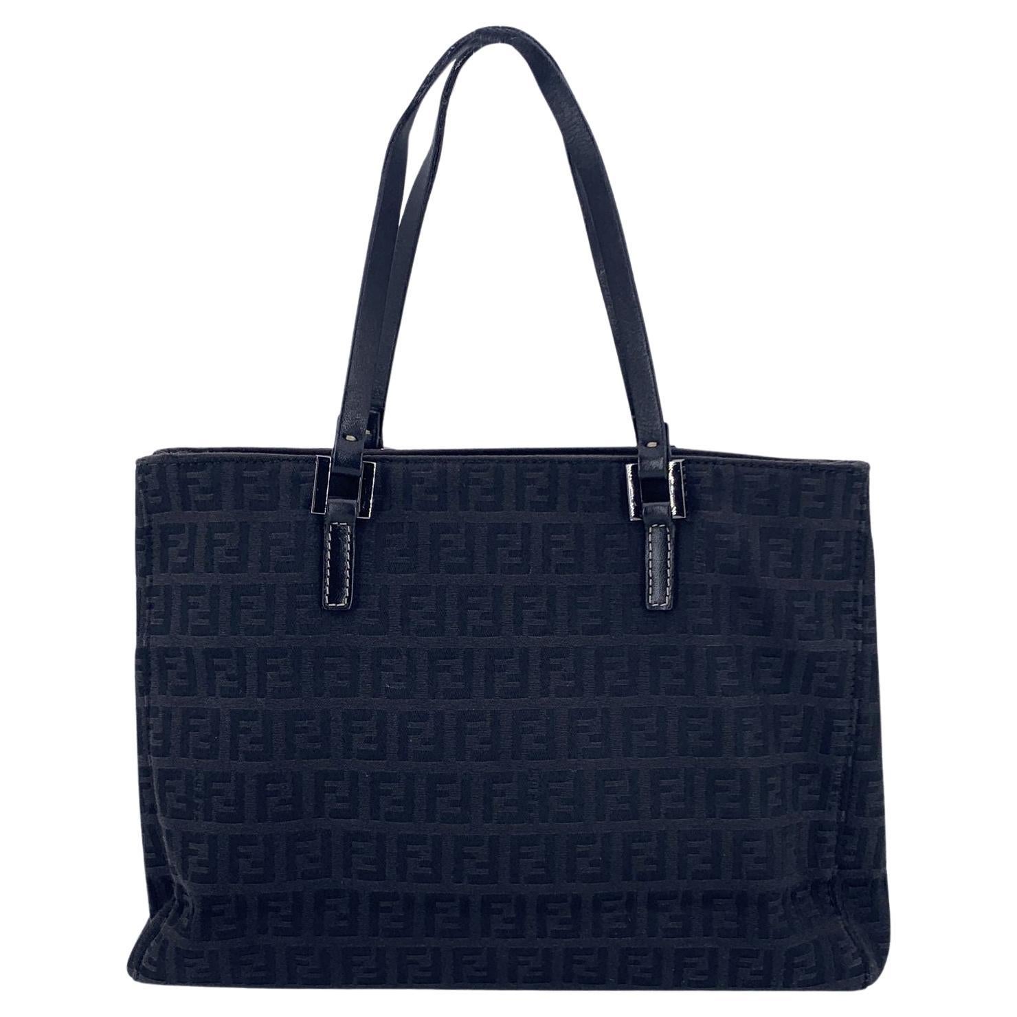 Fendi Black Monogram Zucchino Canvas Small Tote Handbag For Sale
