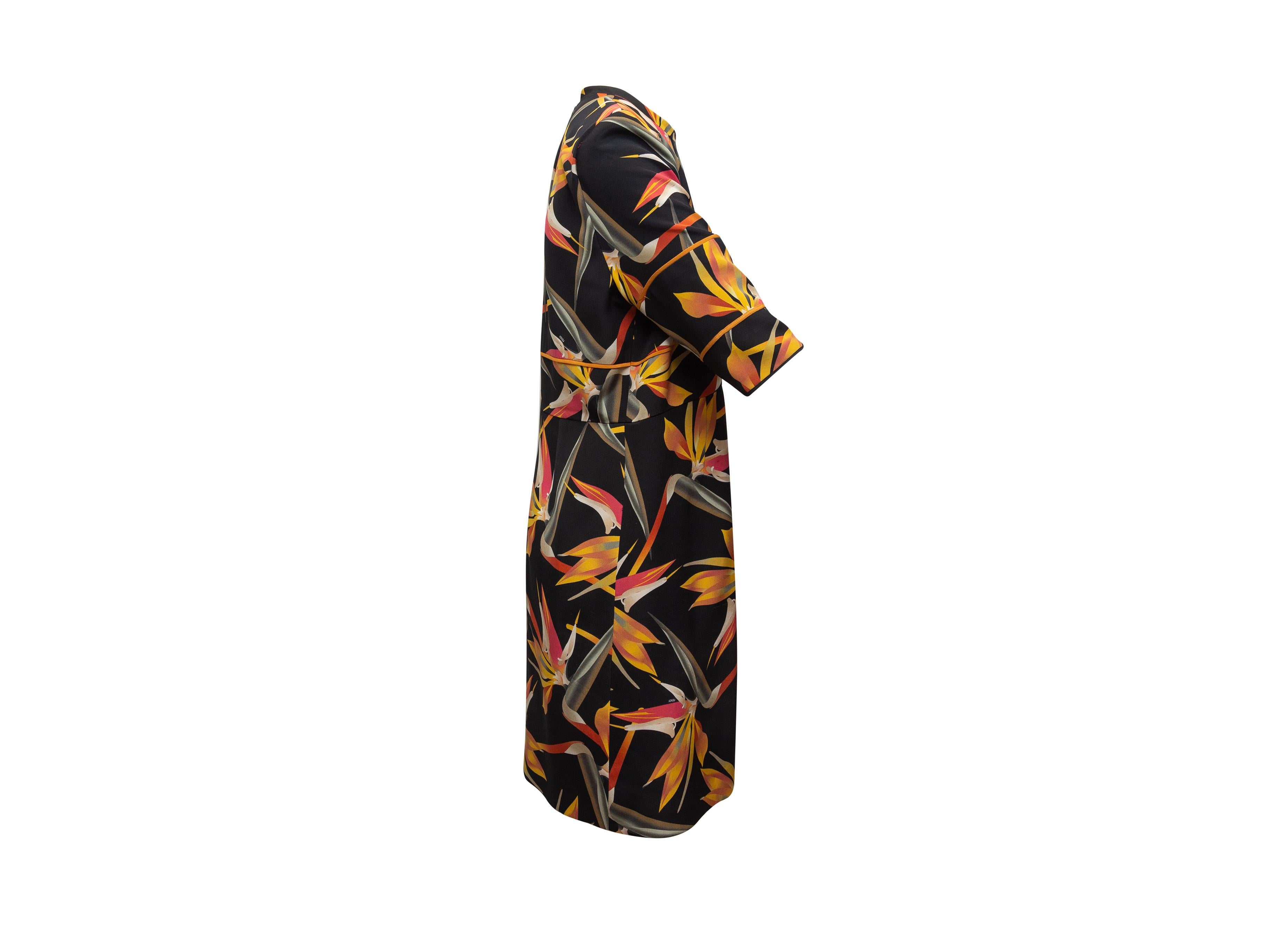 Product details: Black and multicolor floral print dress by Fendi. Crew neck. Three-quarter sleeves. Zip closure at back. 40