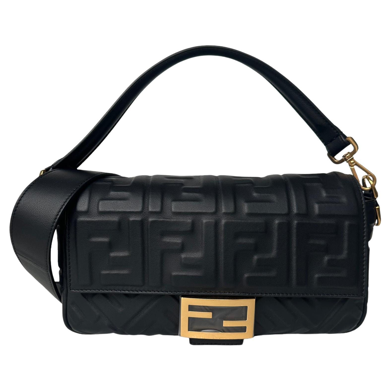 Fendi Black Nappa Embossed Logo FF 1974 Medium Baguette NM Bag w/ Two Straps For Sale