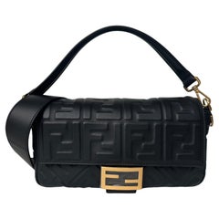 Fendi Black Nappa Embossed Logo FF 1974 Medium Baguette NM Bag w/ Two Straps