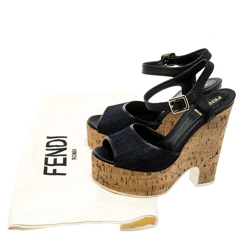 Fendi Black/Navy Blue Leather and Denim Cork Platform Sandals Size 37.5 1