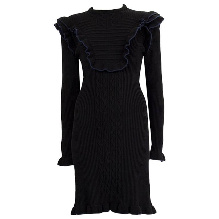 FENDI black & navy RUFFLE TRIM RIB KNIT Long Sleeve Dress S For Sale