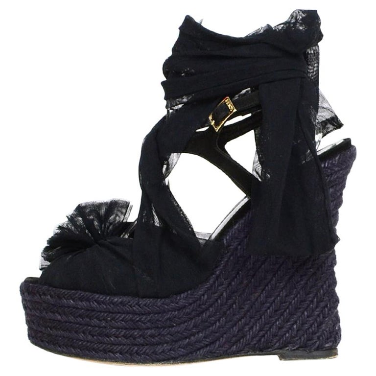 Fendi Black Navy Tulle Lace-up Espadrille Wedge Sandals sz 38 For Sale ...