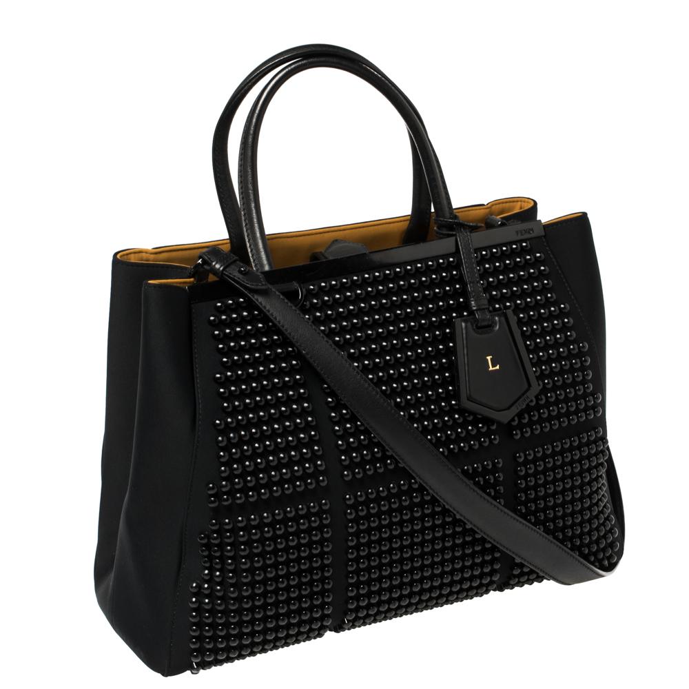Fendi Black Neoprene and Leather Black Studded Medium 2Jours Tote In Good Condition In Dubai, Al Qouz 2