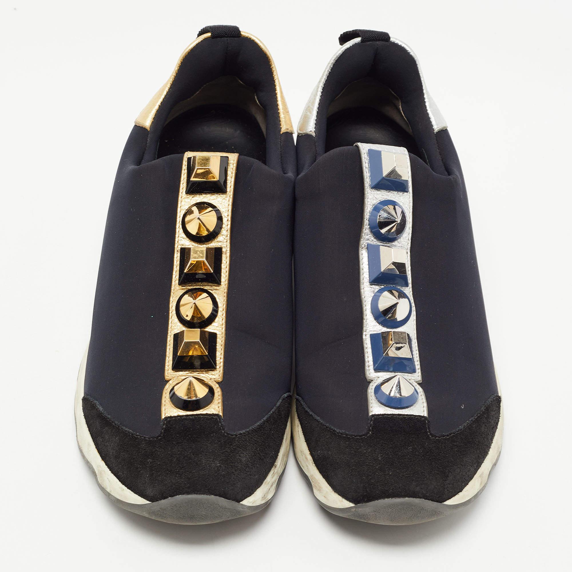 Fendi Black Neoprene and Leather Studded Slip On Sneakers Size 40 In Good Condition For Sale In Dubai, Al Qouz 2