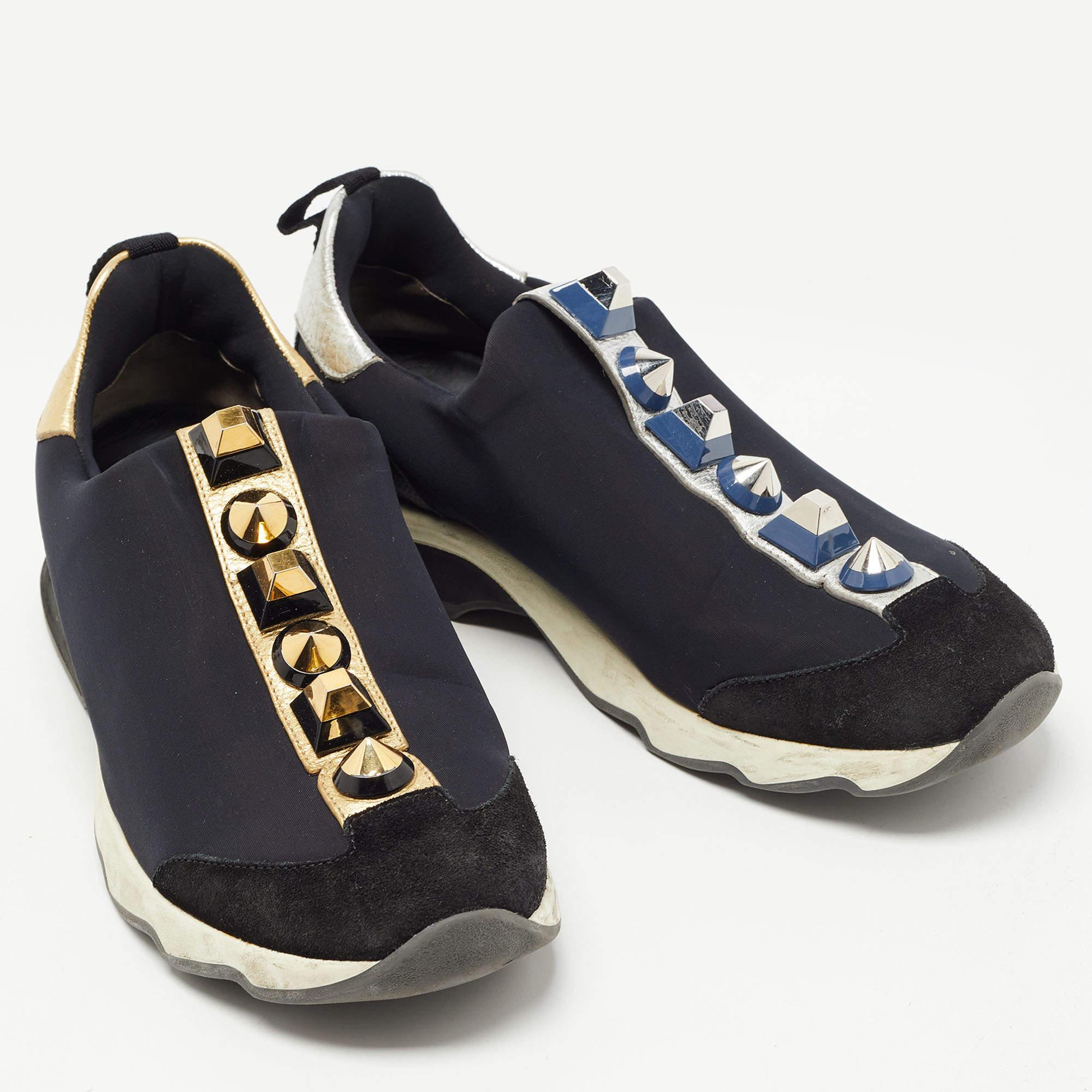 Women's Fendi Black Neoprene and Leather Studded Slip On Sneakers Size 40 For Sale