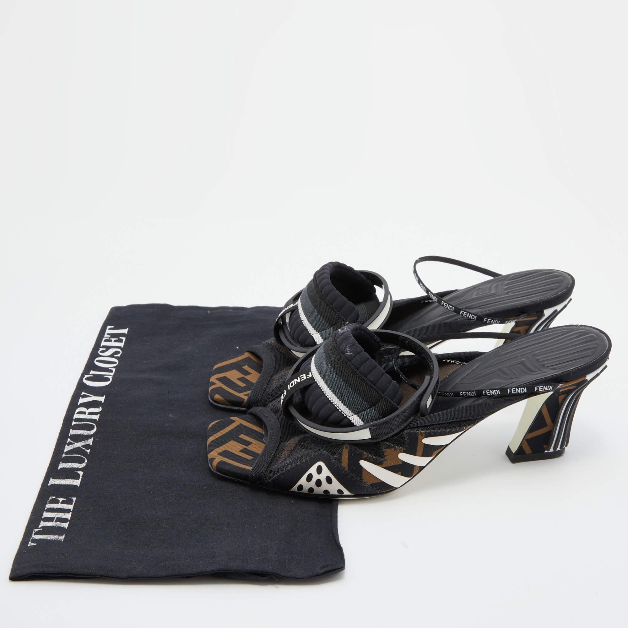 Fendi Black Neoprene And Mesh Freedom FF Patchwork Slingback Sandals Size 38 6