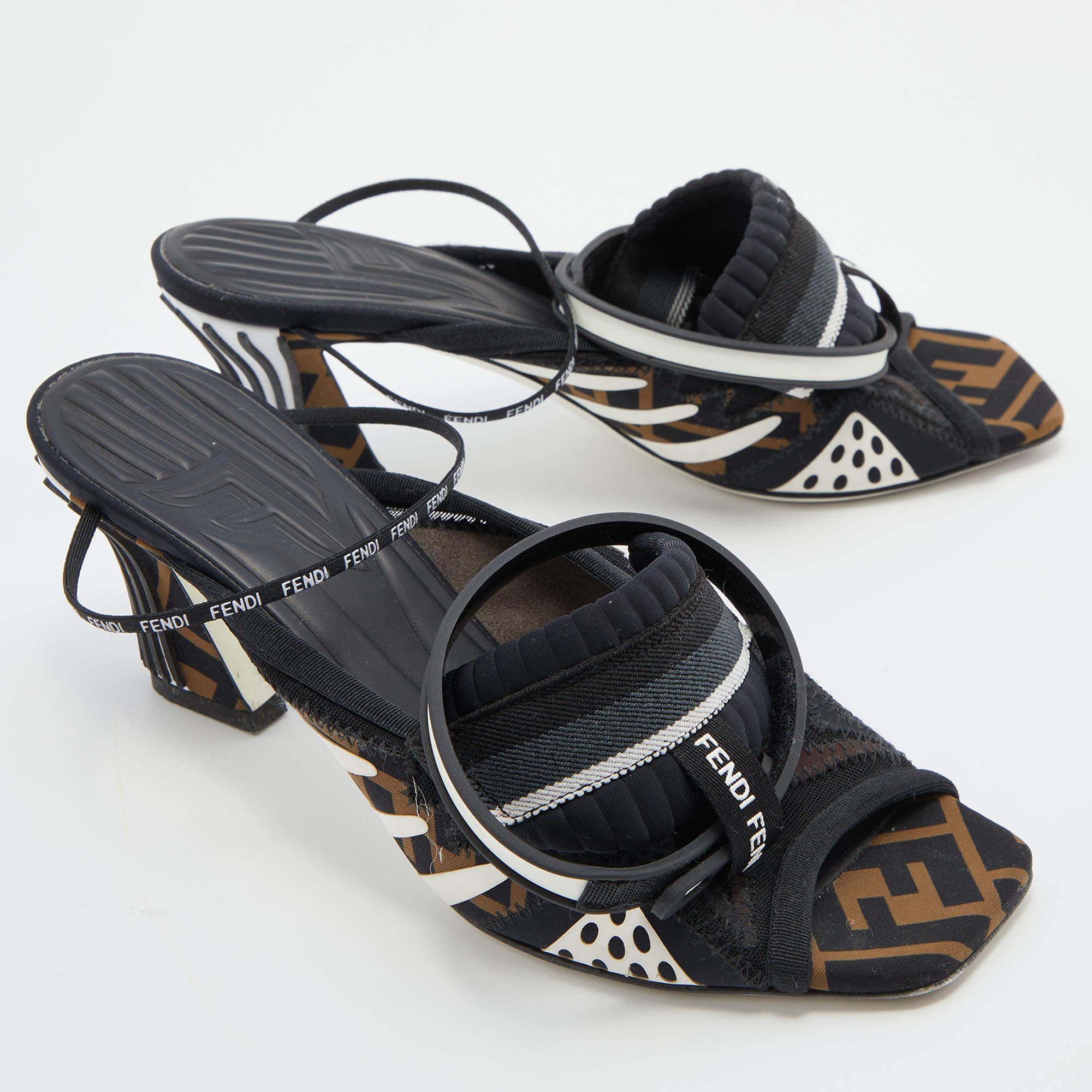 Fendi Black Neoprene And Mesh Freedom FF Patchwork Slingback Sandals Size 38 In Good Condition In Dubai, Al Qouz 2