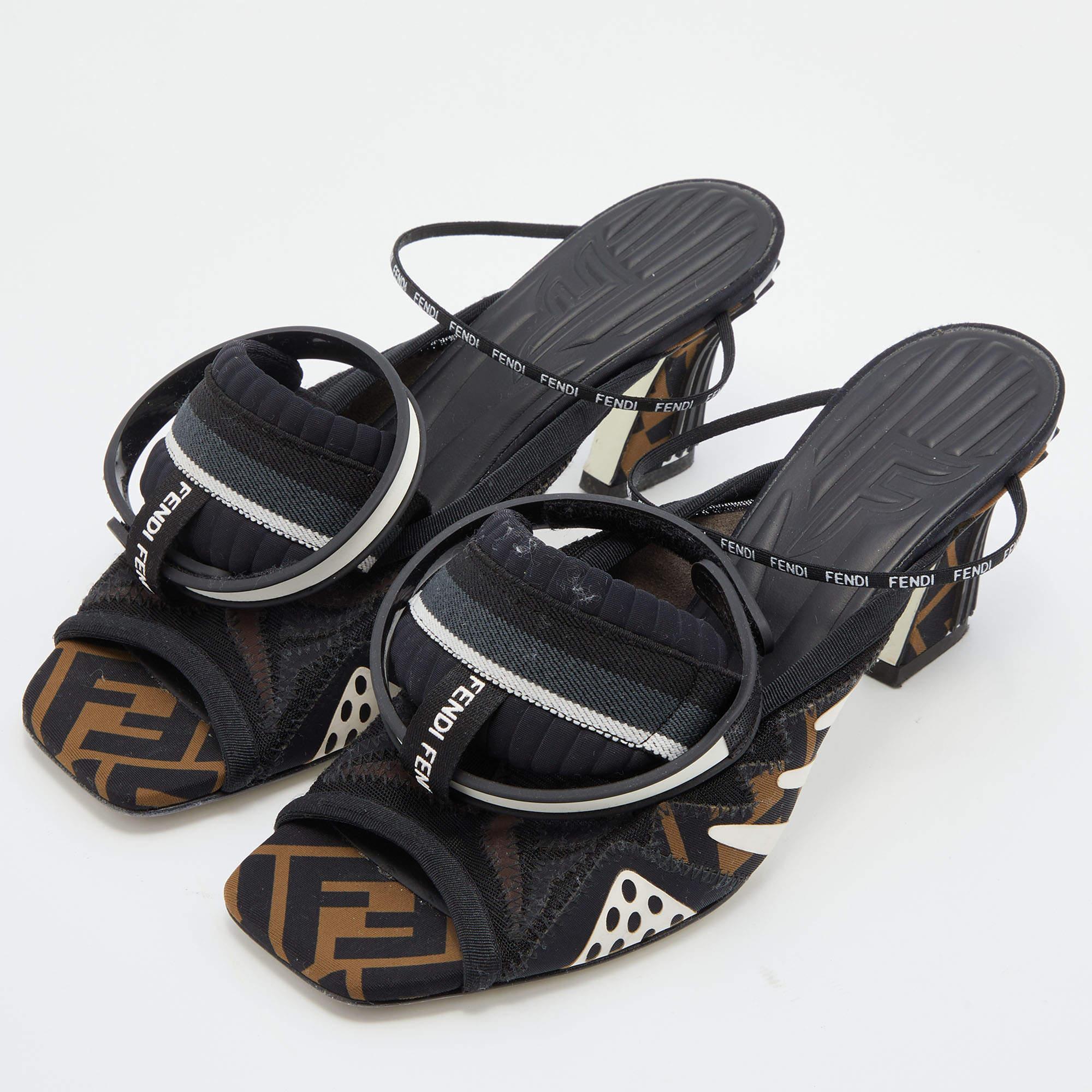Fendi Black Neoprene And Mesh Freedom FF Patchwork Slingback Sandals Size 38 1