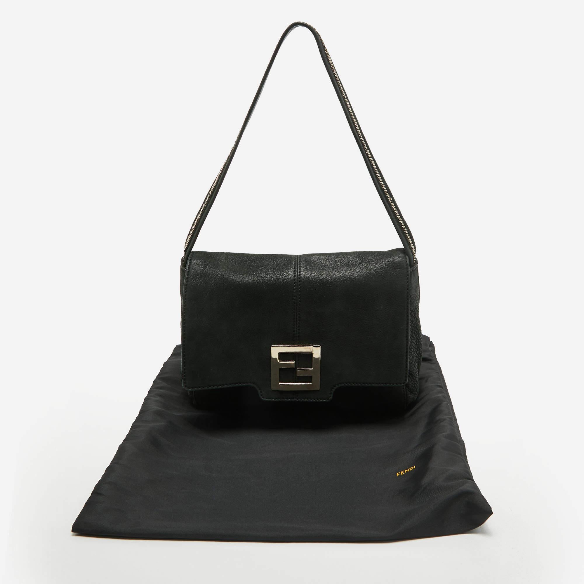 Fendi Black Nubuck Shimmer Leather FF Flap Bag For Sale 6