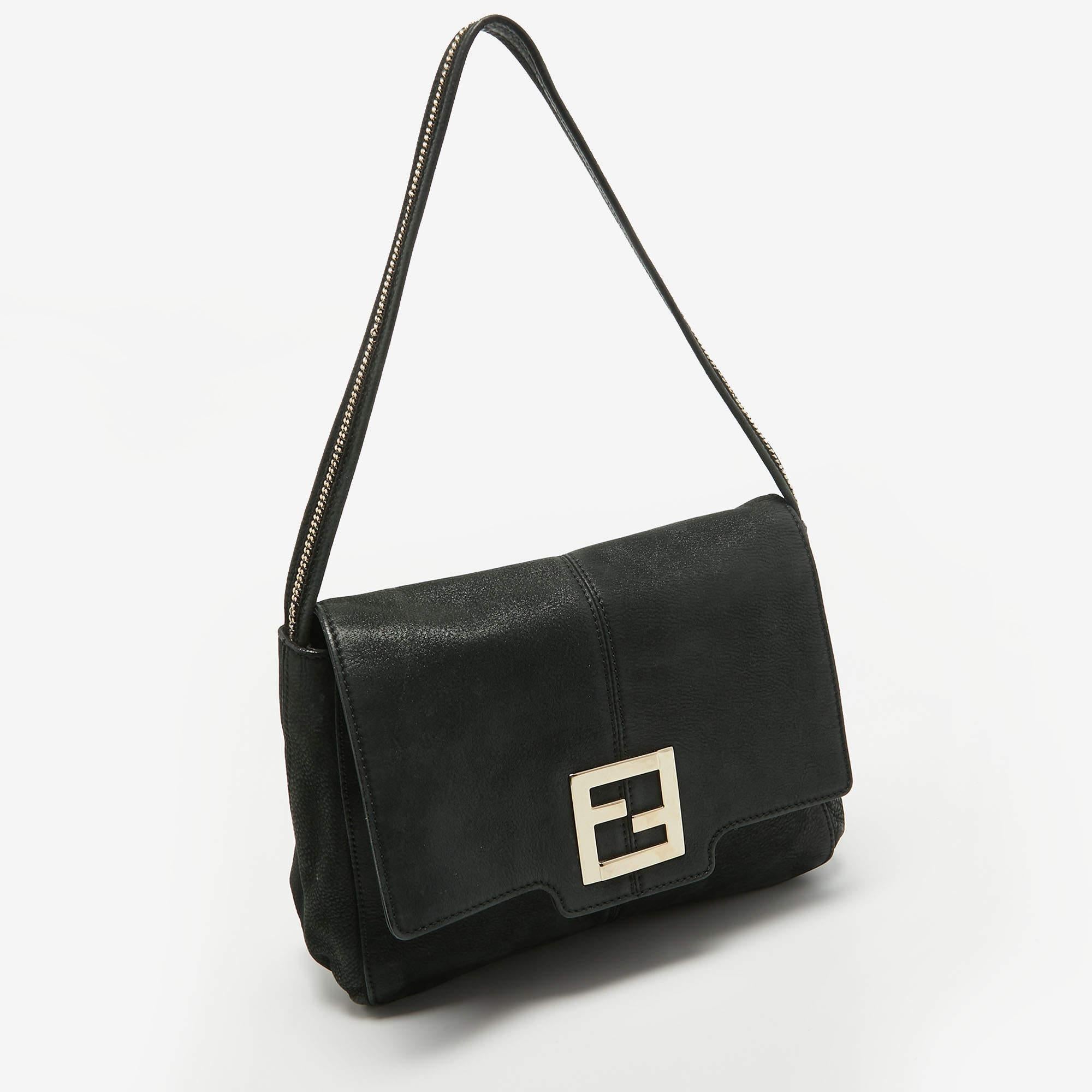 Fendi Black Nubuck Shimmer Leather FF Flap Bag For Sale 7