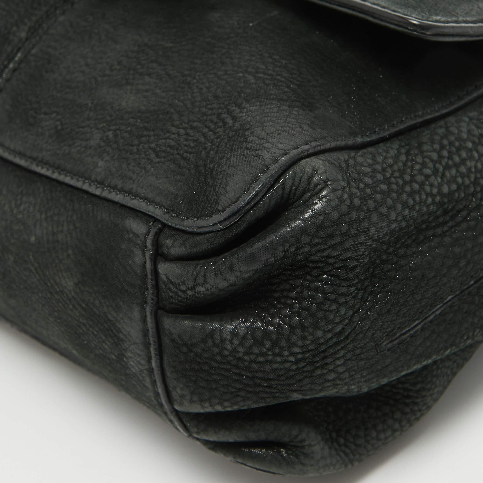 Fendi Black Nubuck Shimmer Leather FF Flap Bag For Sale 8