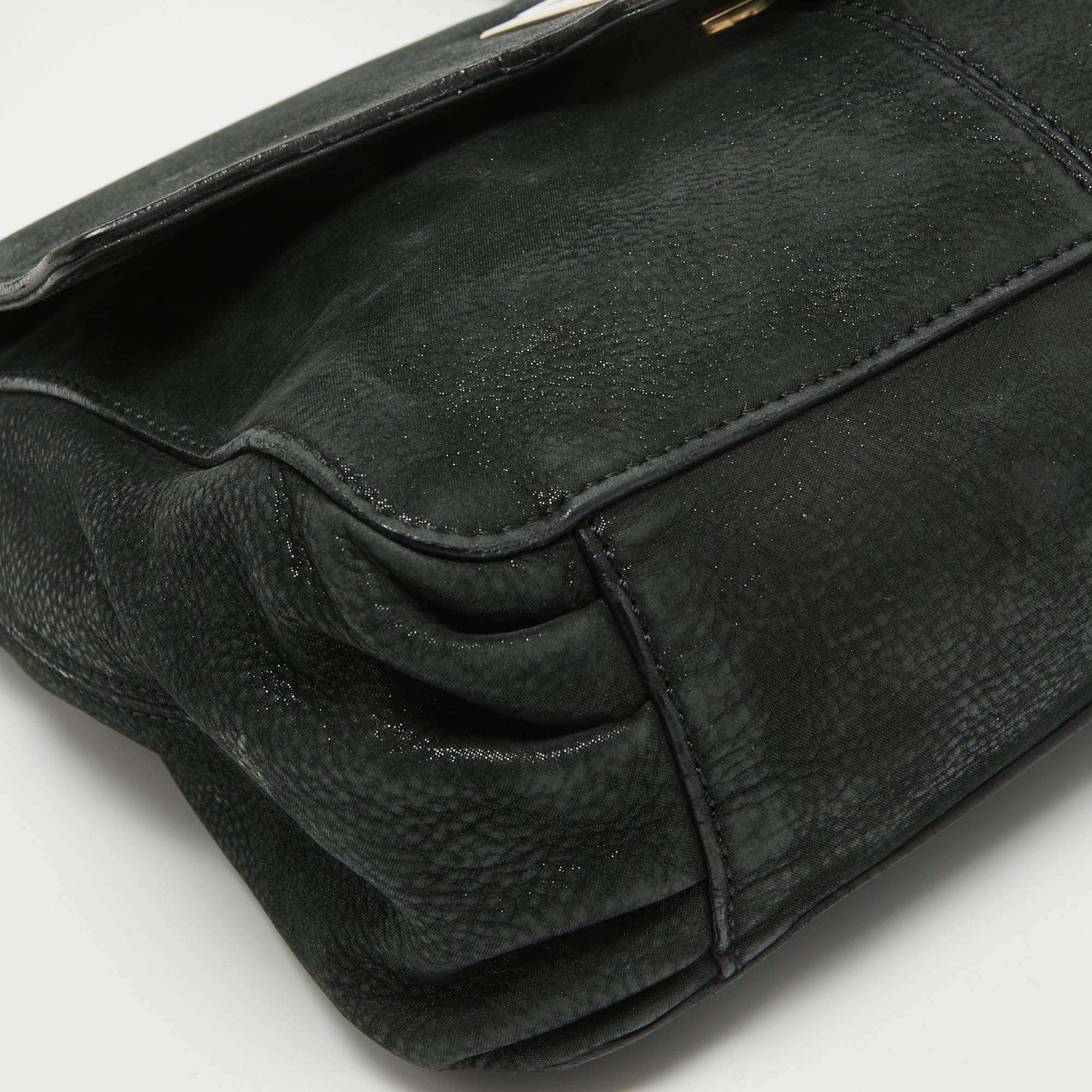 Fendi Black Nubuck Shimmer Leather FF Flap Bag For Sale 9
