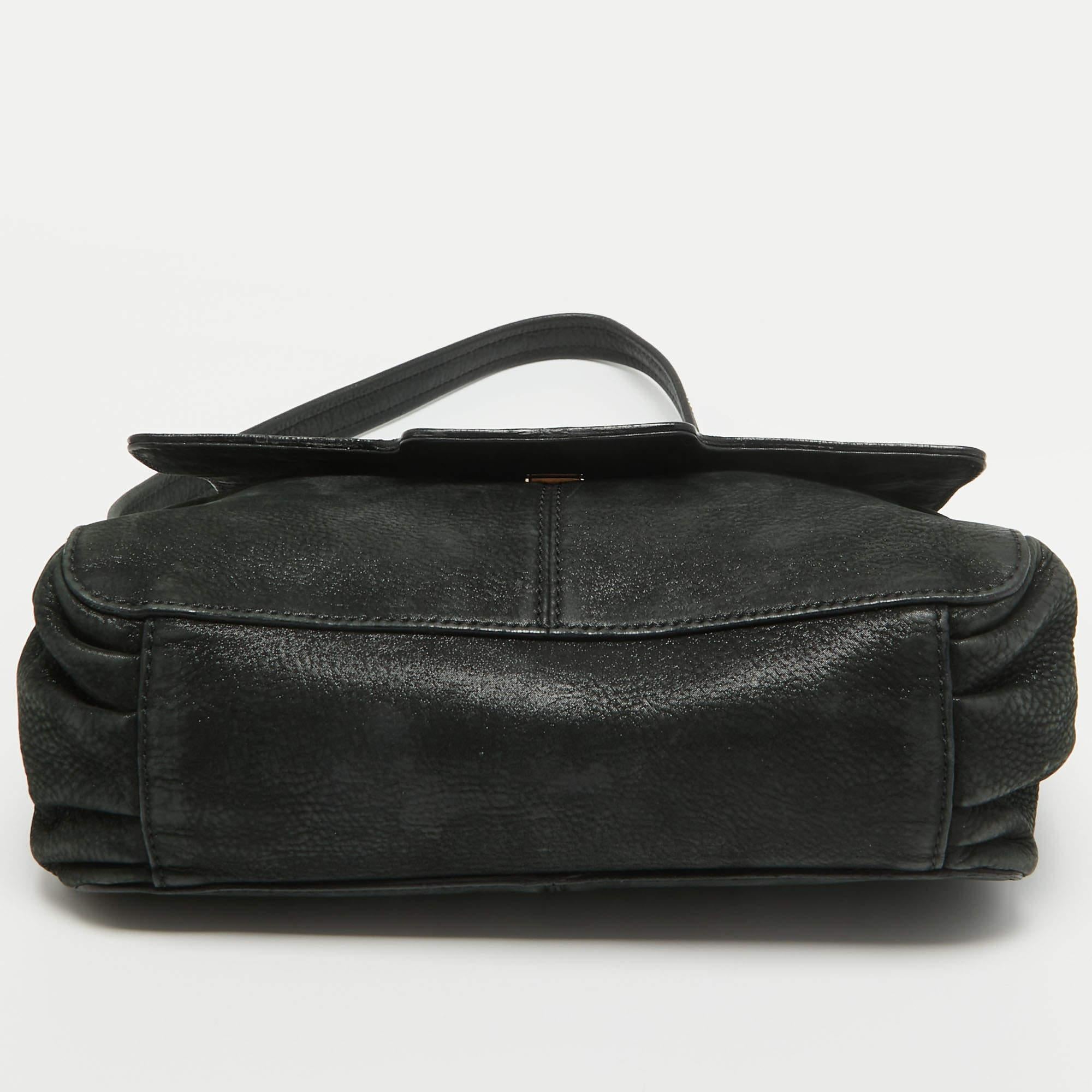 Fendi Black Nubuck Shimmer Leather FF Flap Bag For Sale 10