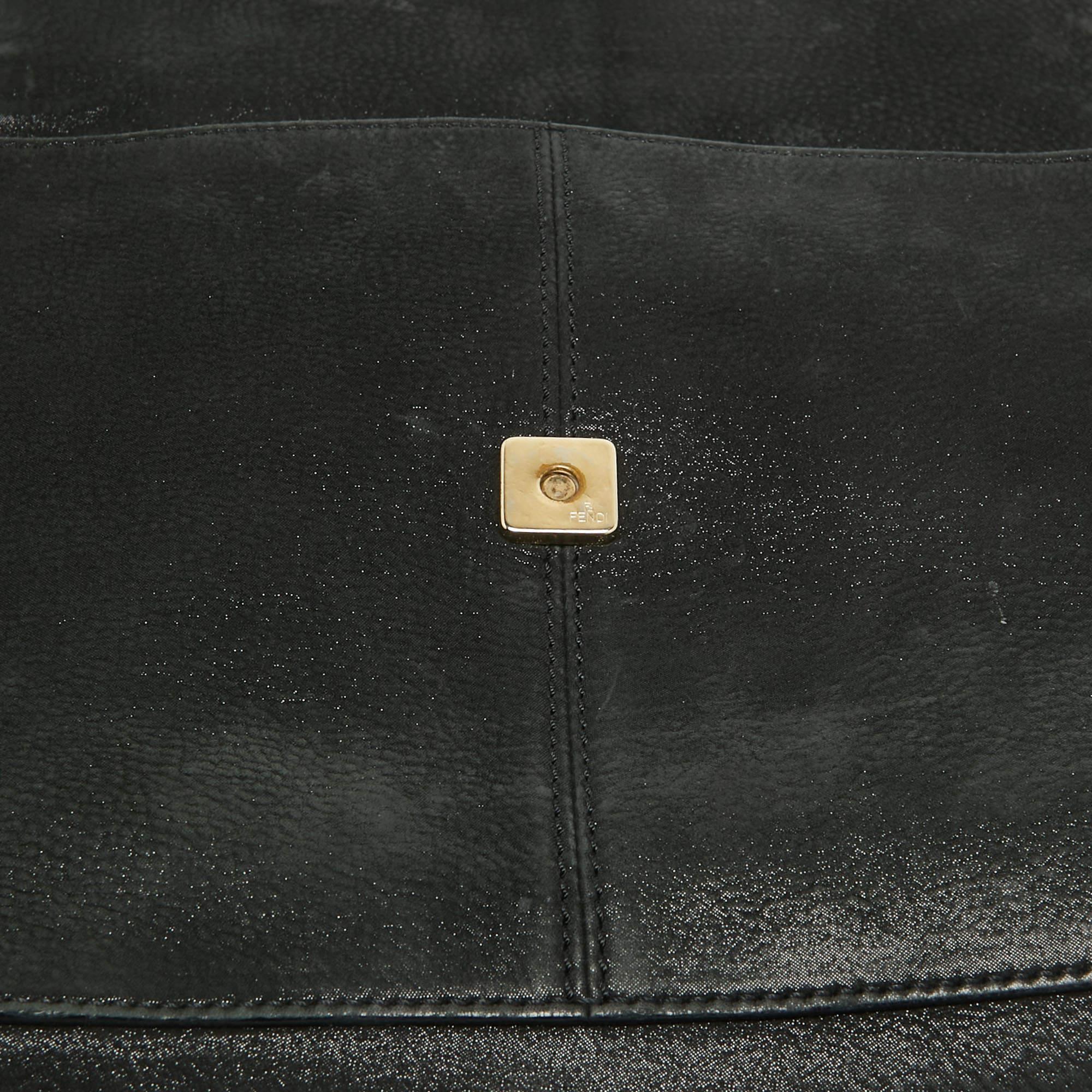Fendi Black Nubuck Shimmer Leather FF Flap Bag For Sale 12