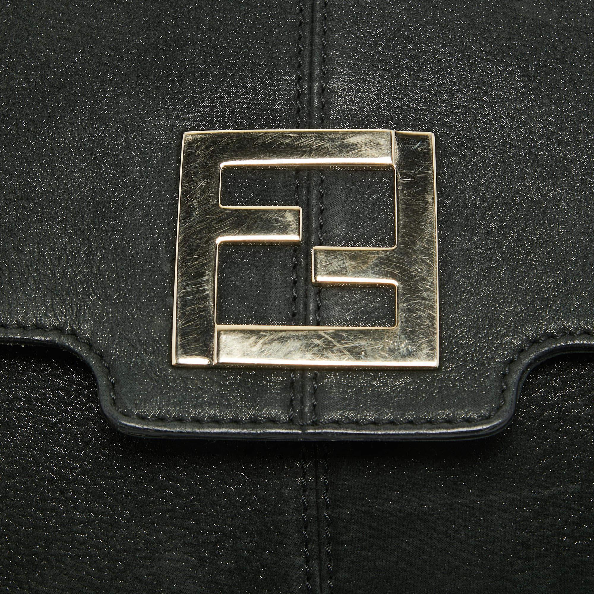 Fendi Black Nubuck Shimmer Leather FF Flap Bag For Sale 4