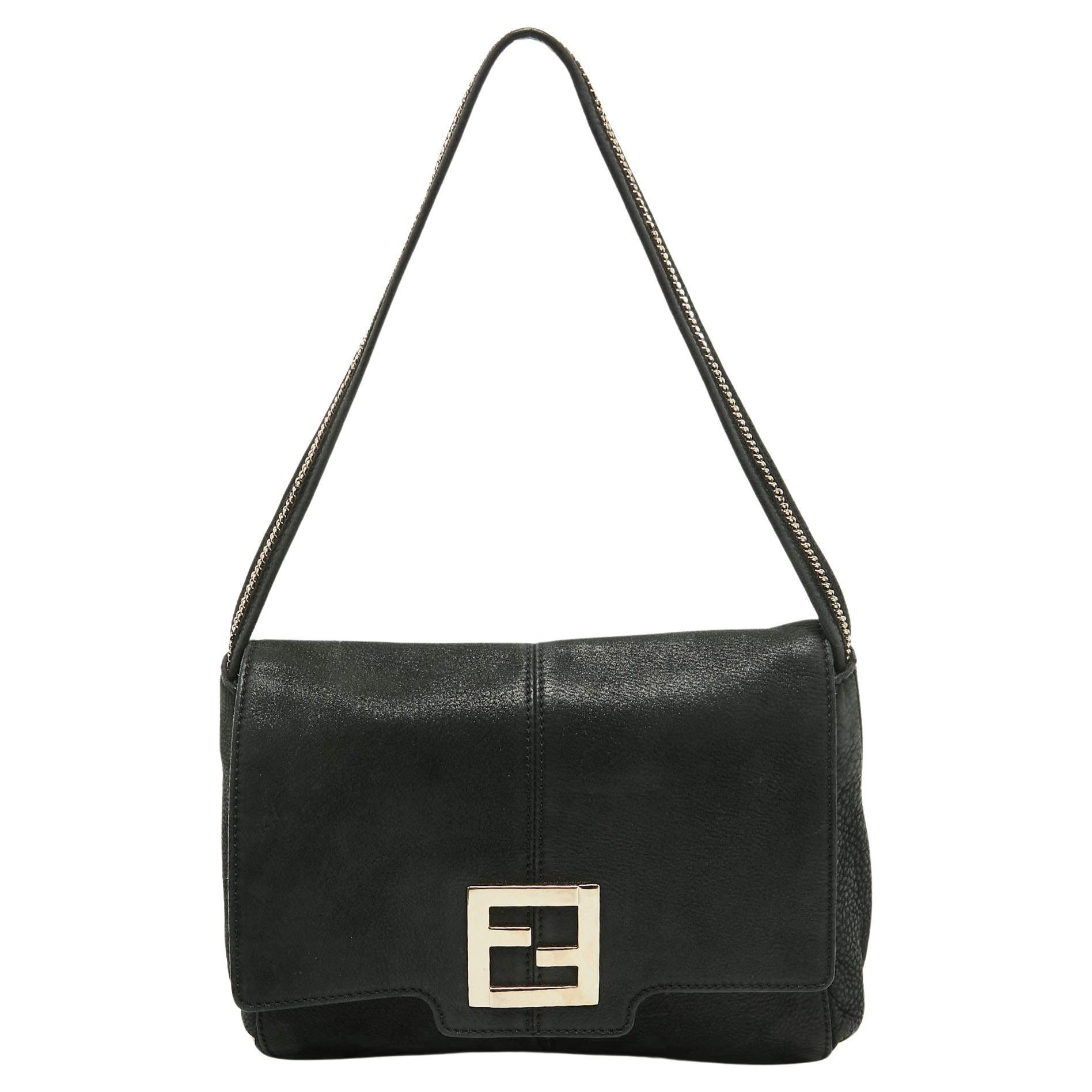 Fendi Black Nubuck Shimmer Leather FF Flap Bag For Sale