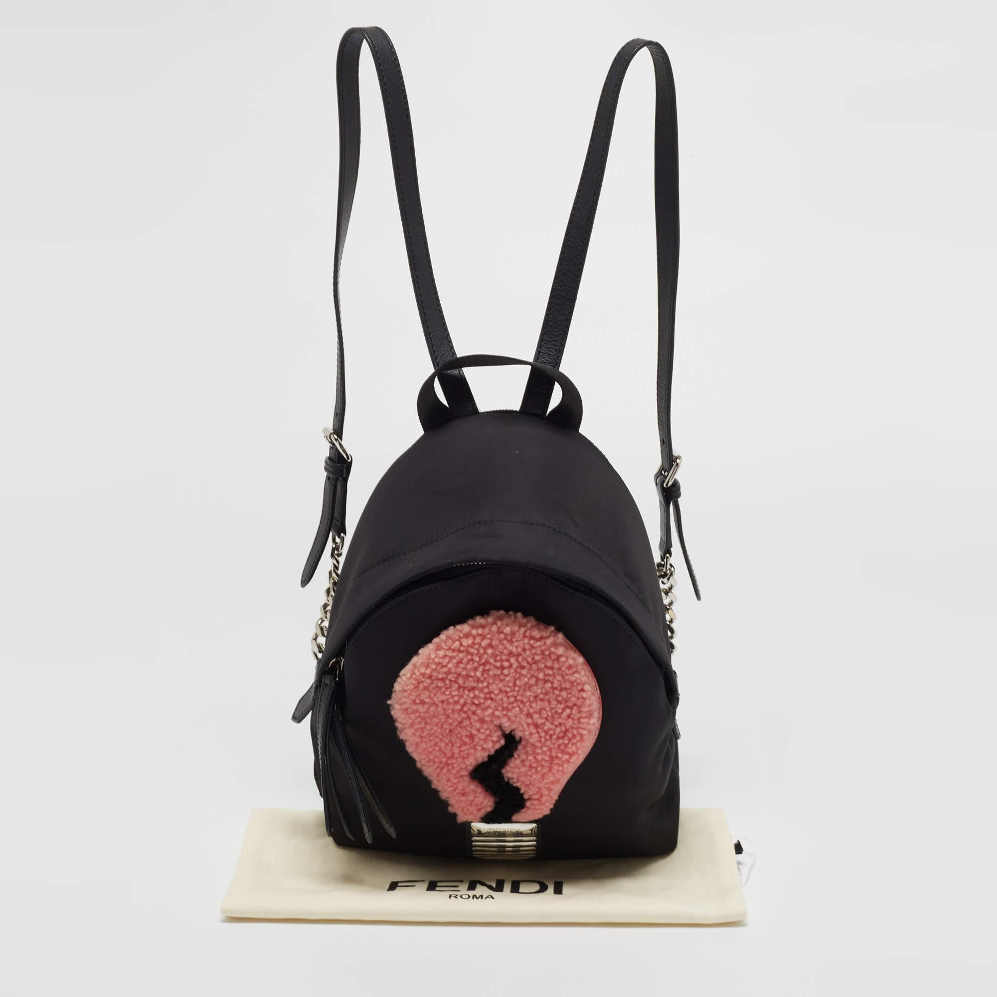 Fendi Black Nylon and Shearling Mini Dolce Lightbulb Backpack 9