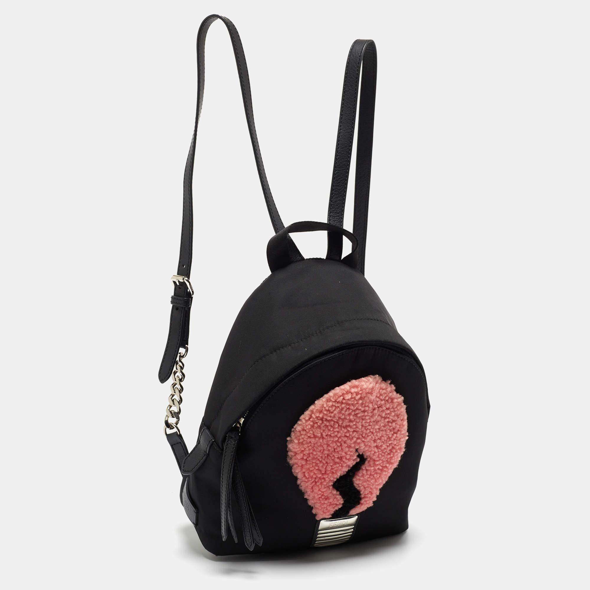 Women's Fendi Black Nylon and Shearling Mini Dolce Lightbulb Backpack