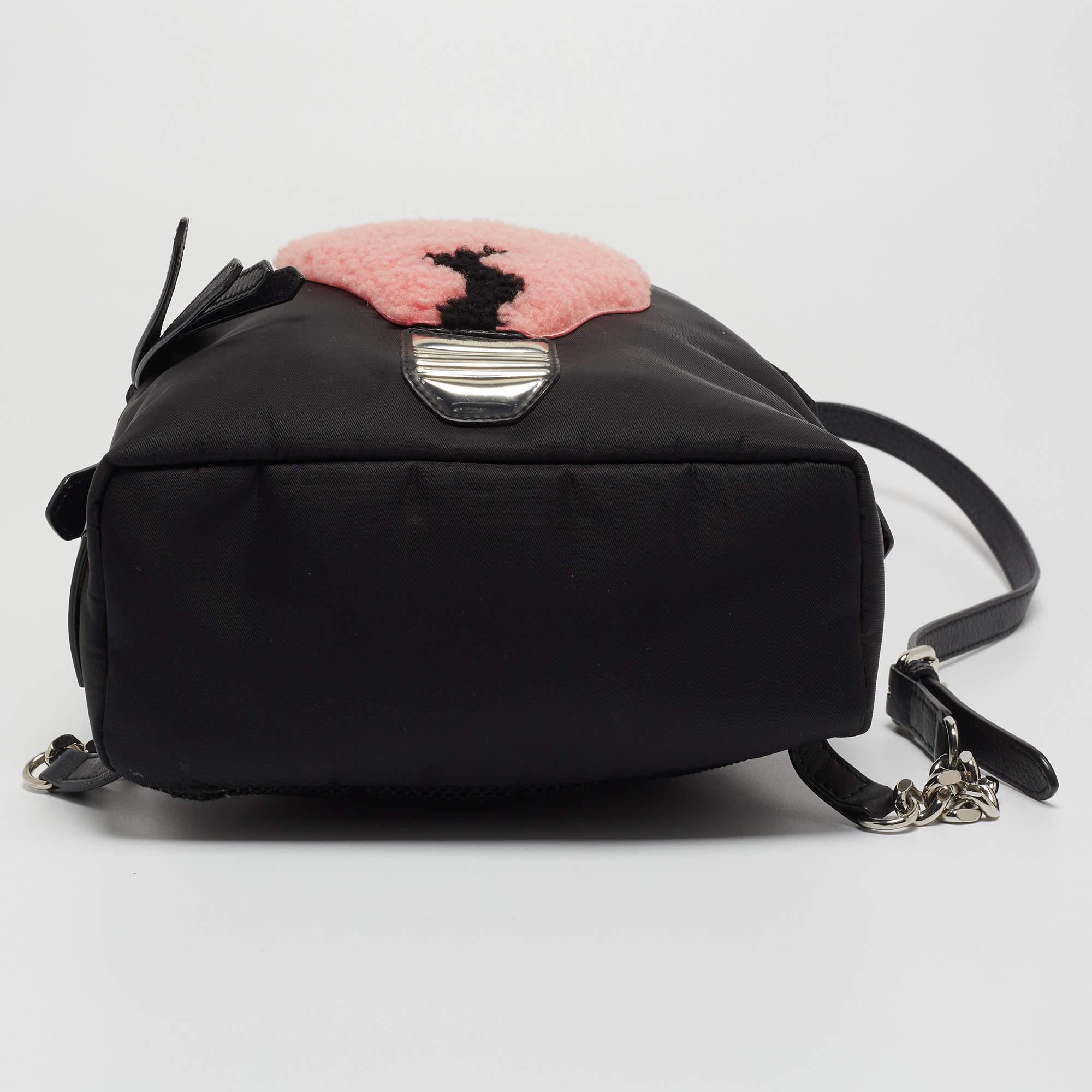 Fendi Black Nylon and Shearling Mini Dolce Lightbulb Backpack 1