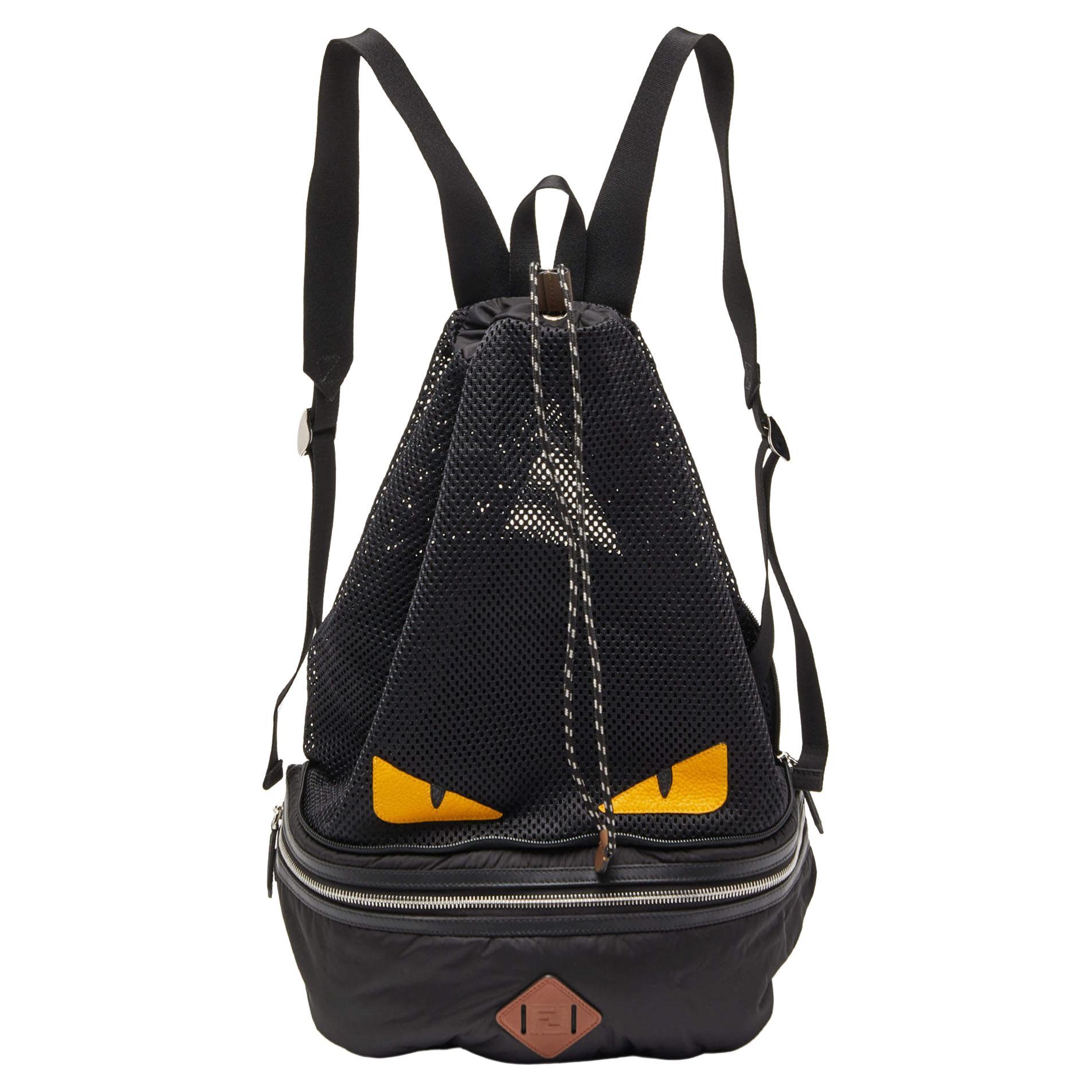 Fendi Black Nylon, Knit Fabric and Leather Mono Eye Bug Backpack