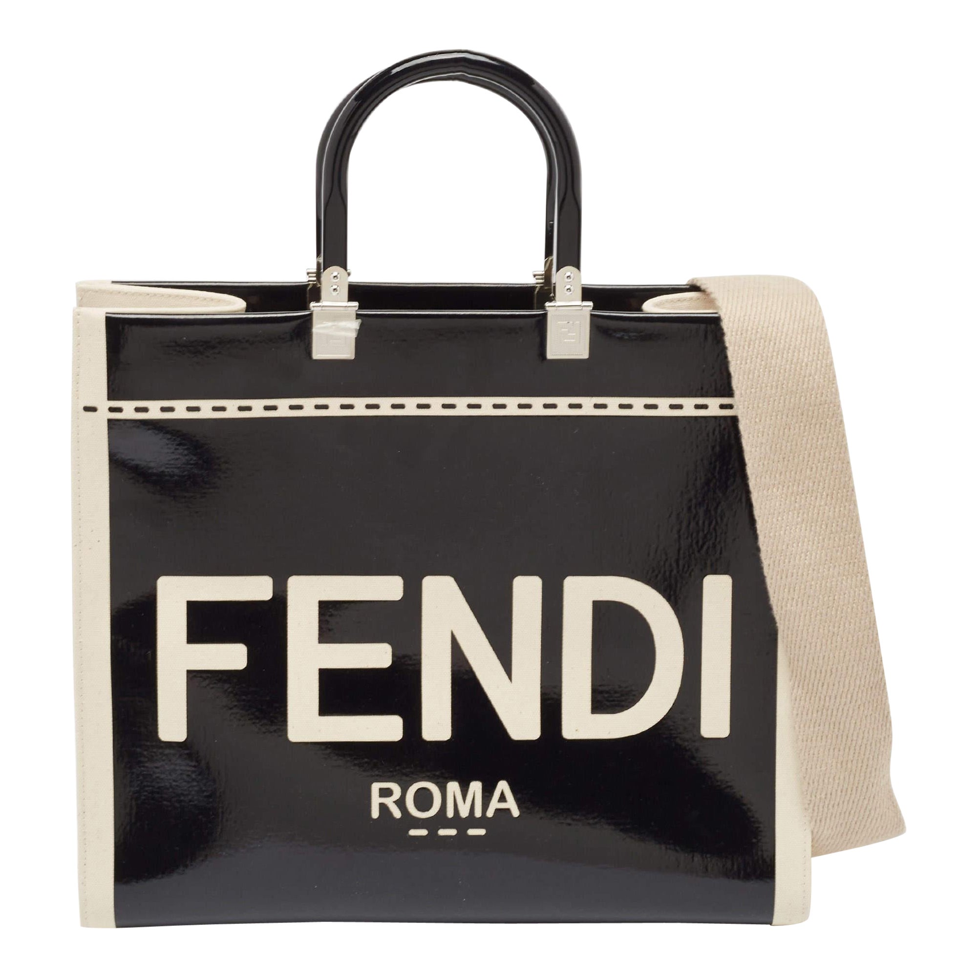 Fendi Black/Off White Canvas and Patent Leather Medium Sunshine Shopper Tote