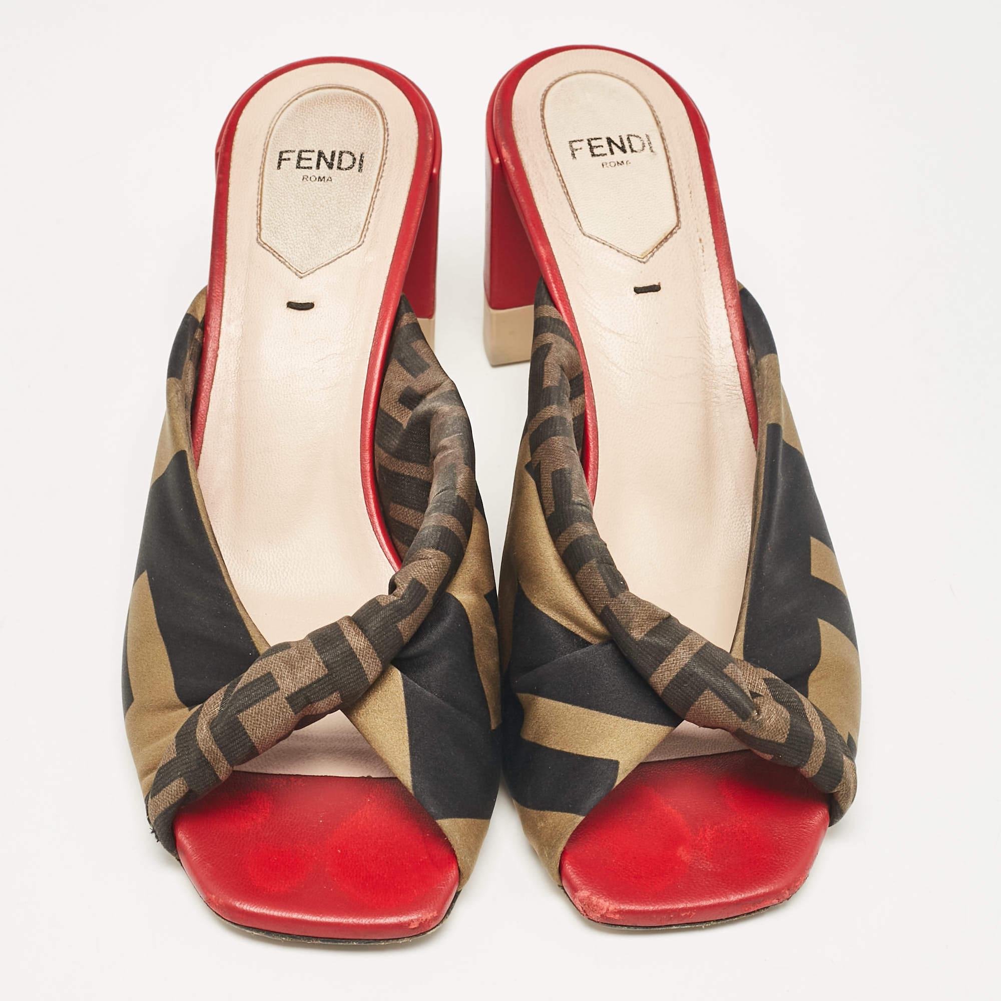 Brown Fendi Black/Olive Green Logo Print Knotted Satin Slide Sandals Size 37.5