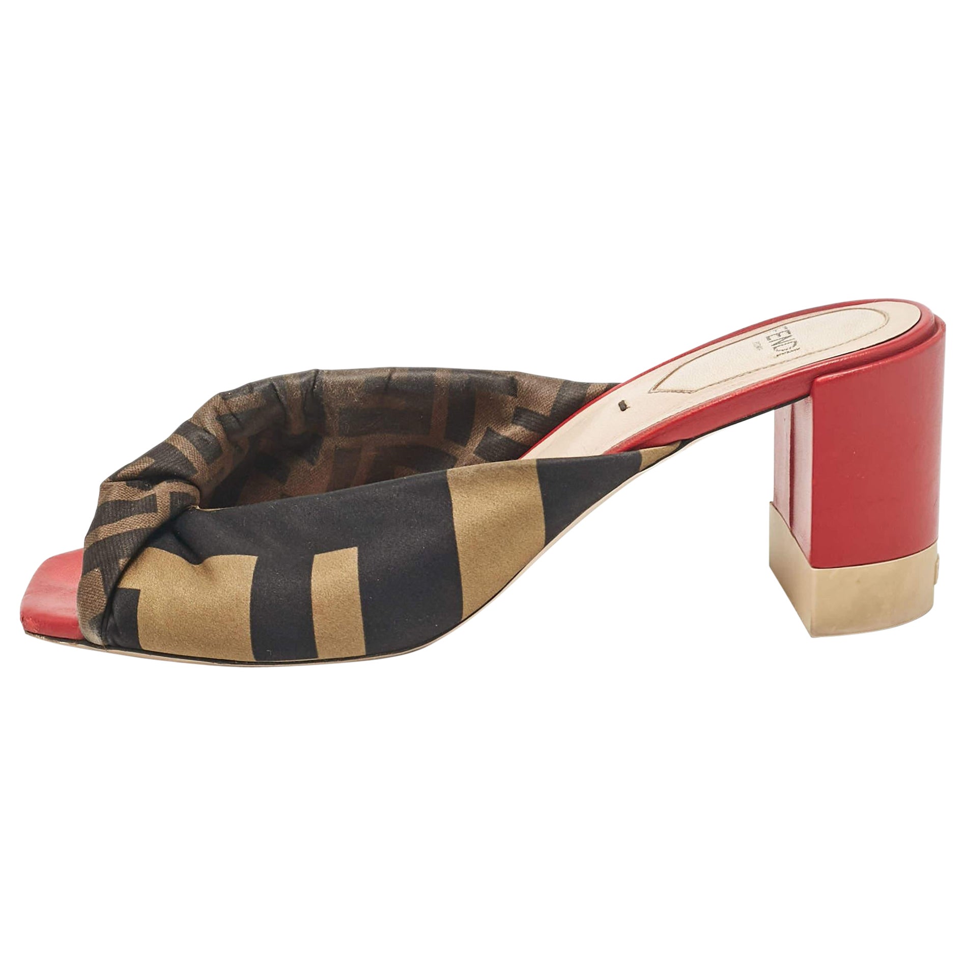 Fendi Black/Olive Green Logo Print Knotted Satin Slide Sandals Size 37.5