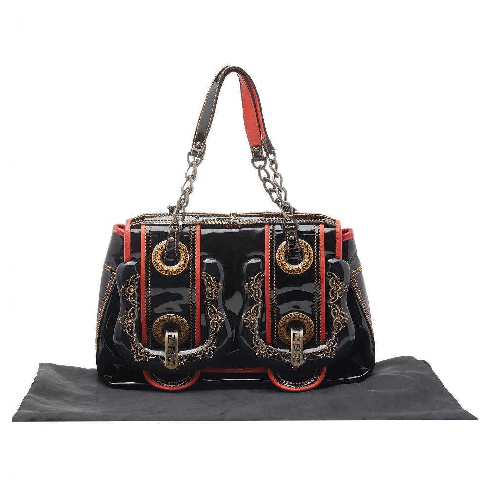 Fendi Black/Orange Patent Leather And Leather B Bag Shoulder Bag 6