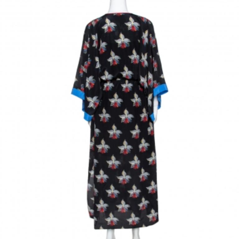 Fendi Black Orchid Print Silk Oversized Maxi Kaftan S In Good Condition For Sale In Dubai, Al Qouz 2