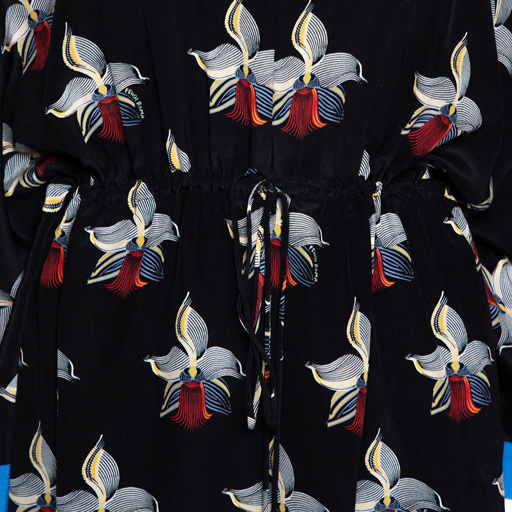 Women's Fendi Black Orchid Print Silk Oversized Maxi Kaftan S
