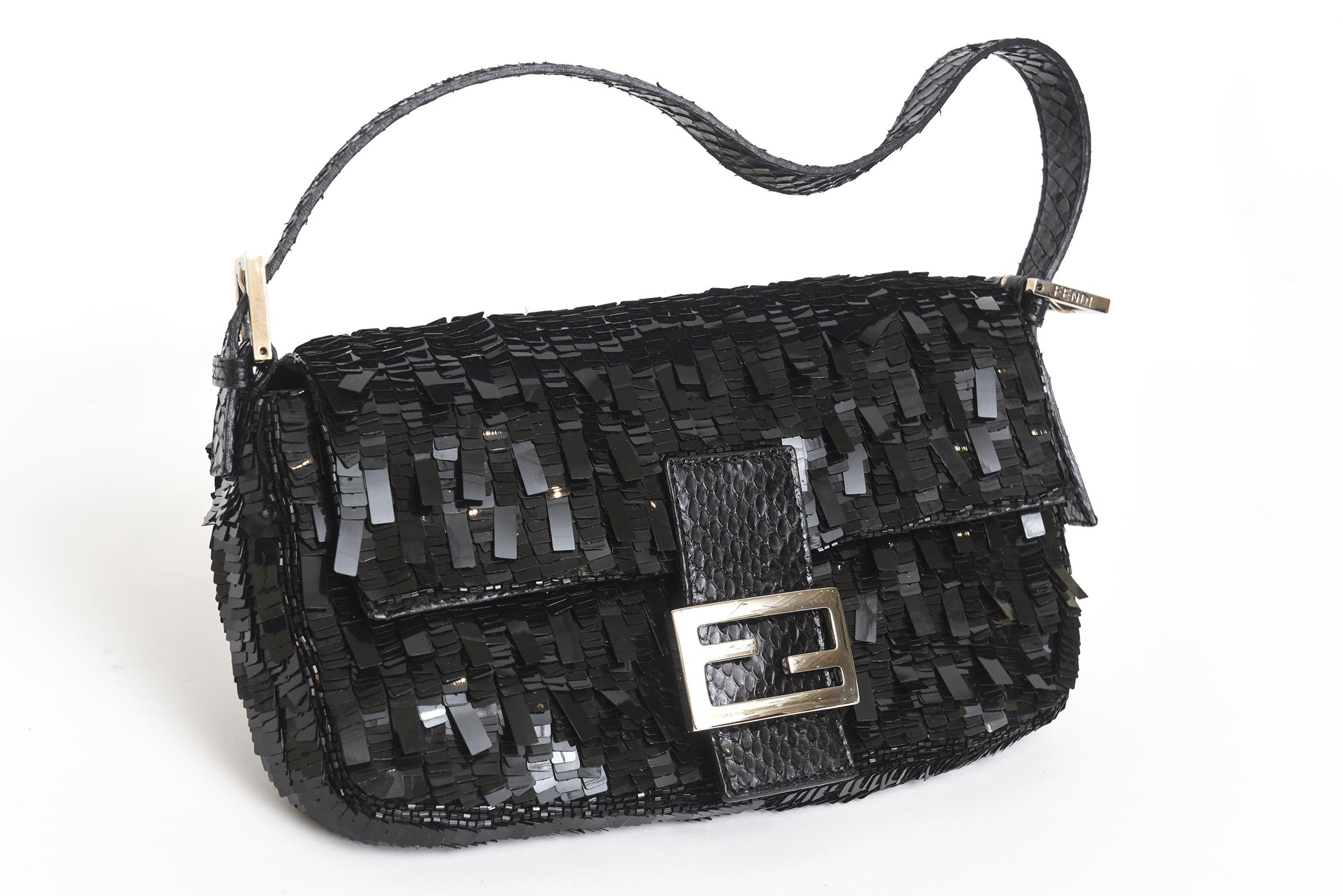Fendi Black Paillette With Phython Leather Trim Baguette Bag 4