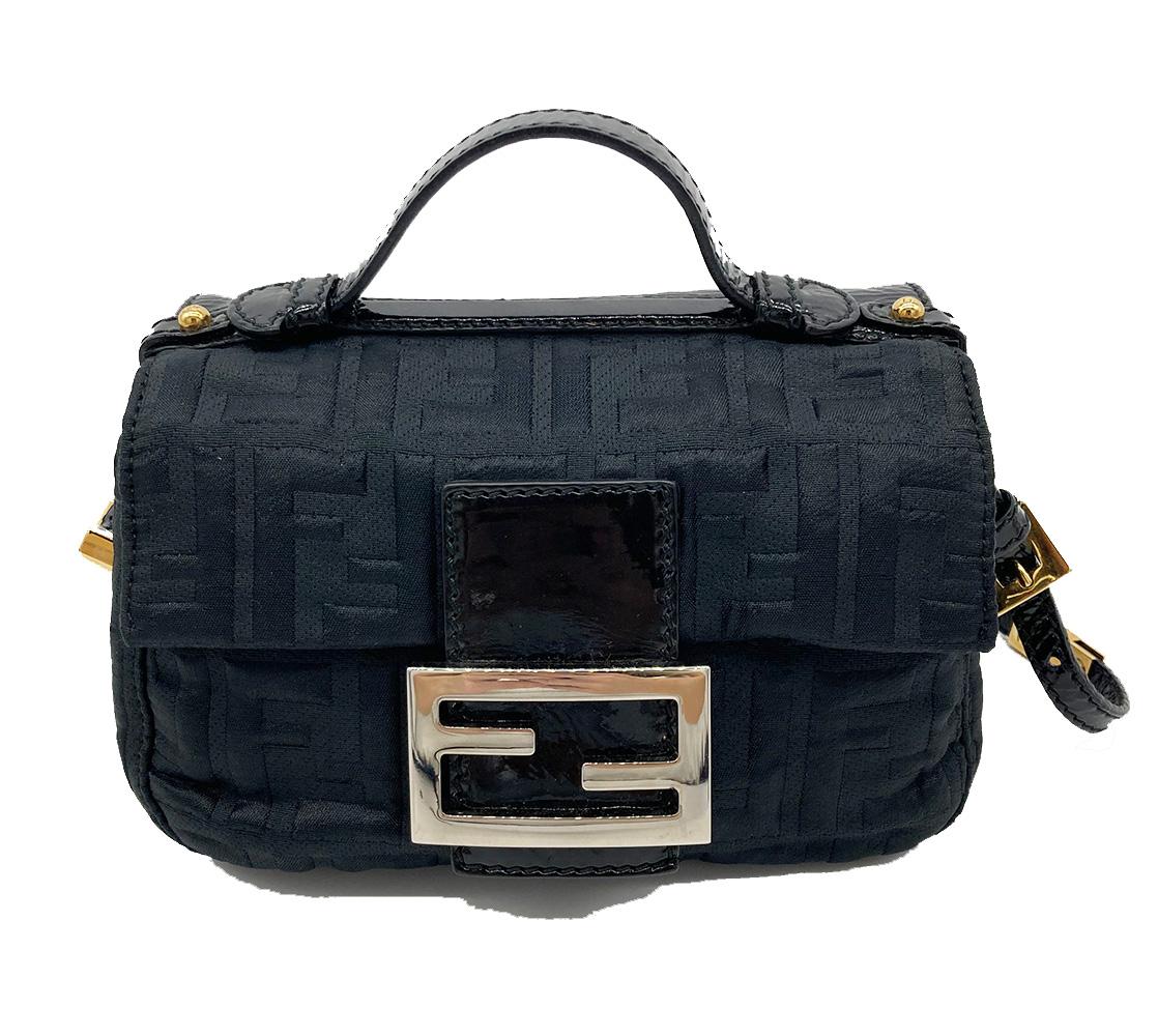 Fendi Black Patent and Silk Zucca Double Mini Baguette in excellent condition. Very unique rare find in classic coveted baguette style. Black distressed patent with gold hardware on front side and black zucca print silk with silver hardware upon