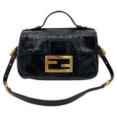 Vintage Fendi Black Patent and Silk Zucca Double Mini Baguette