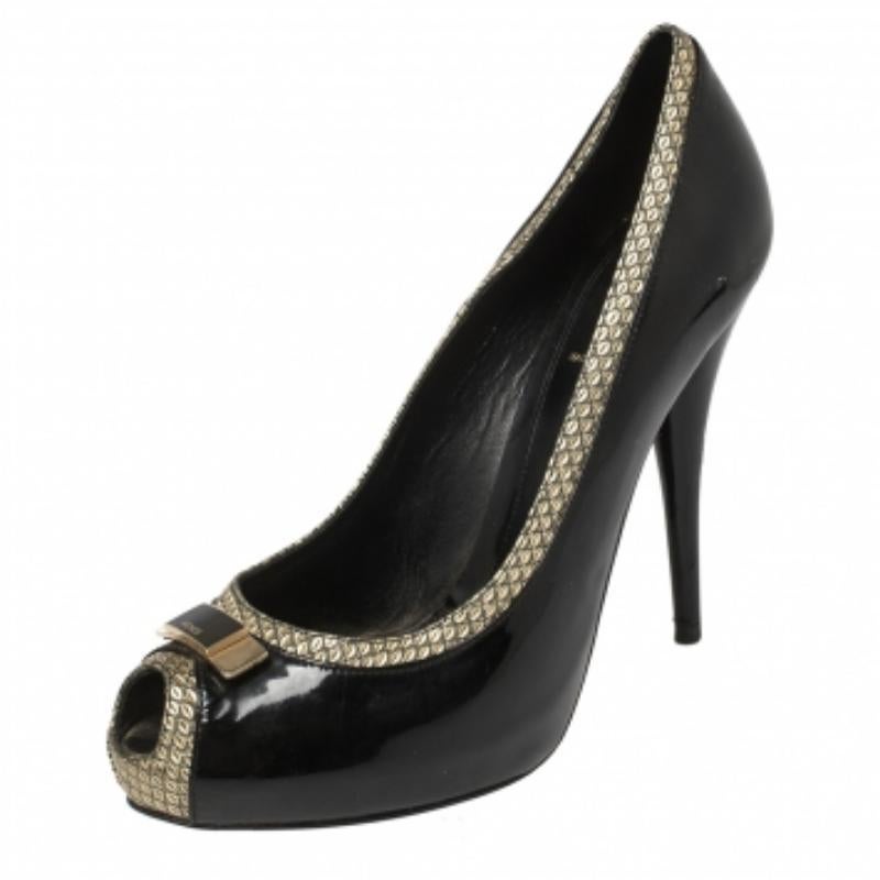Fendi Black Patent and Textured Leather Peep Toe Platform Pumps Size 41 For Sale 2