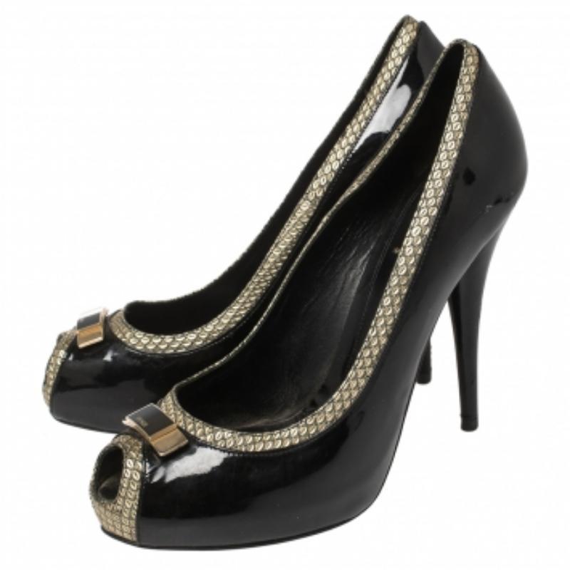 Fendi Black Patent and Textured Leather Peep Toe Platform Pumps Size 41 For Sale 3