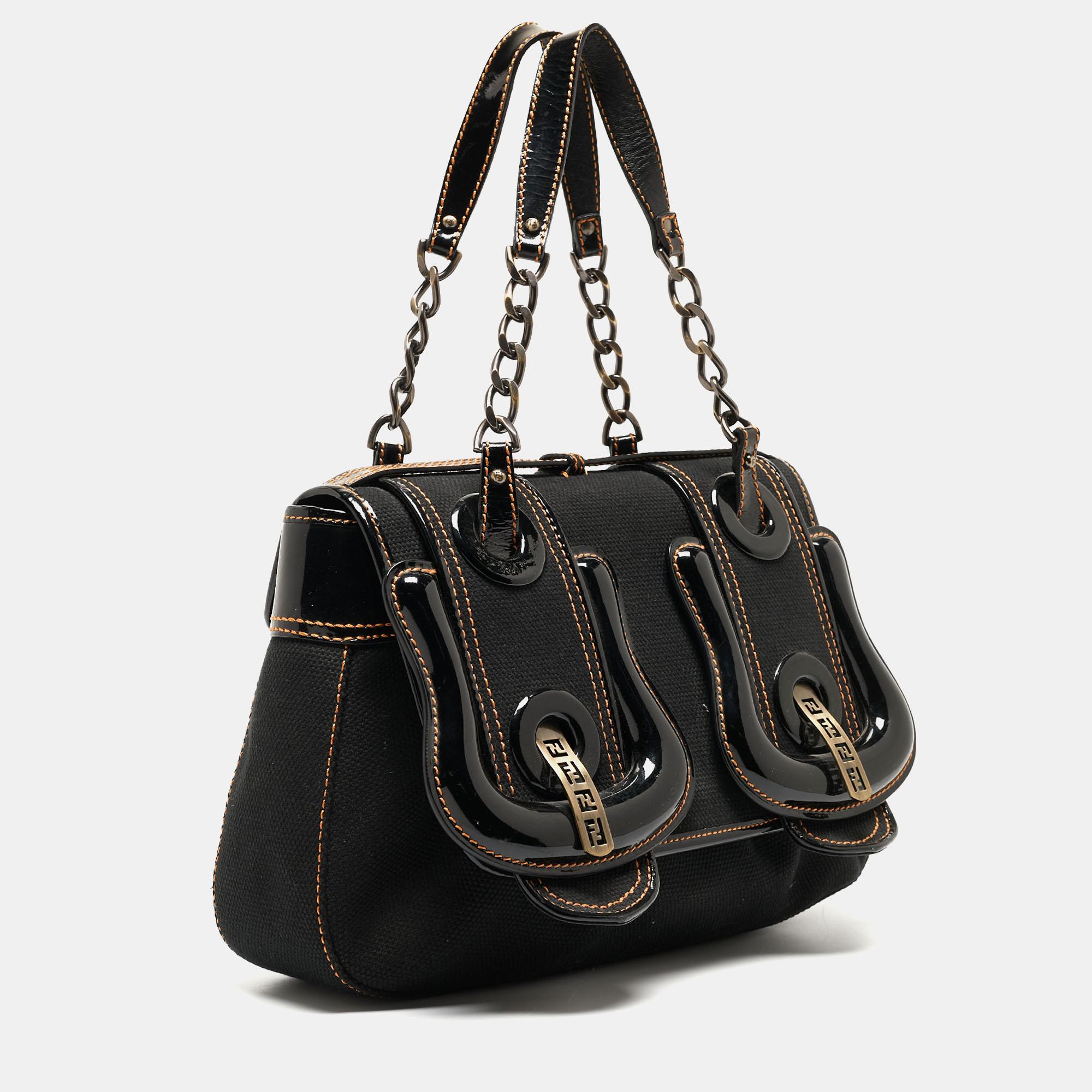 Fendi Black Patent Leather and Canvas B Shoulder Bag 1