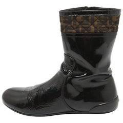 Fendi Black Patent Leather and Zucca Canvas Mid Calf Boots Size 41
