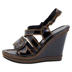 Fendi Black Patent Leather B Buckle Platform Wedge Sandals Size 37.5