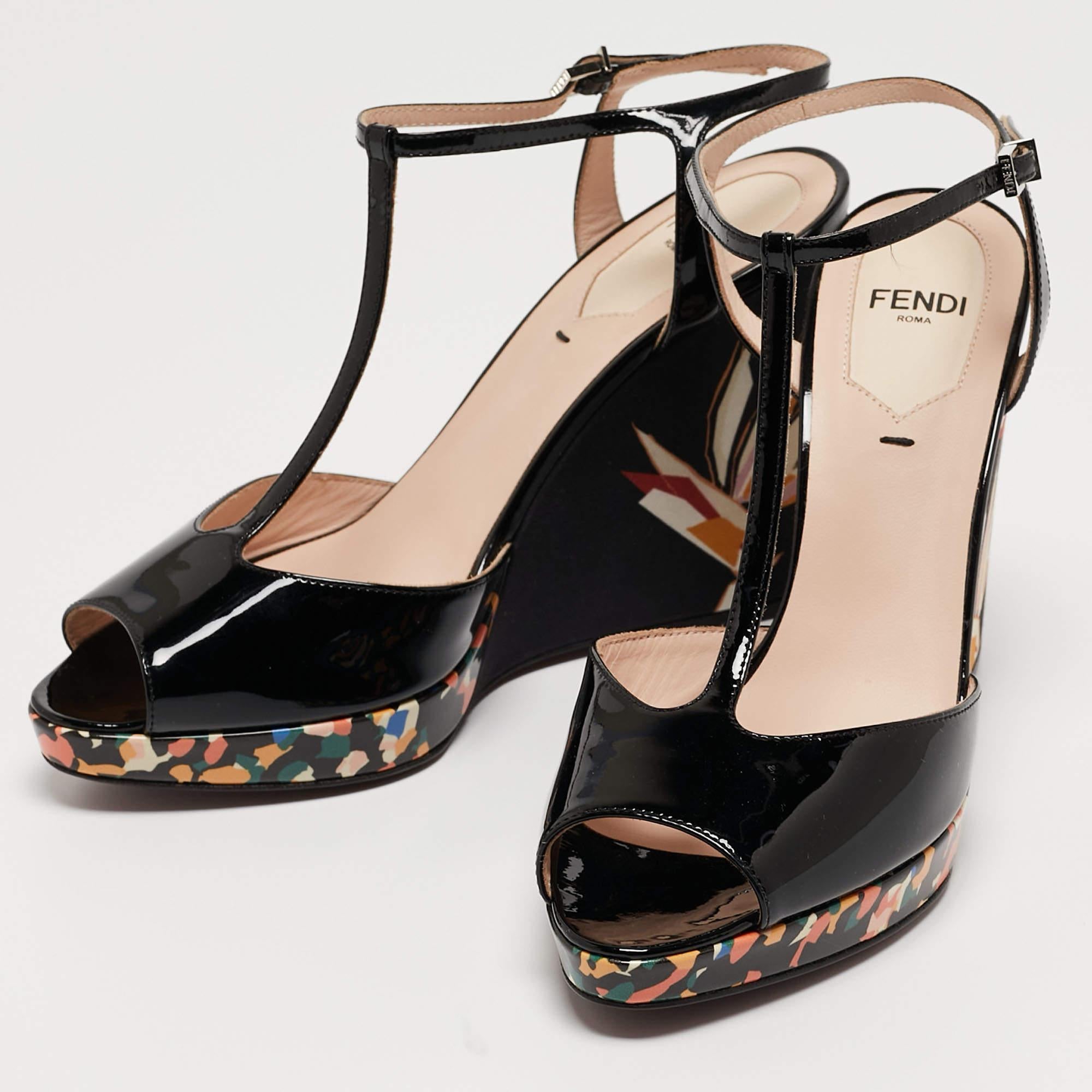 Women's Fendi Black Patent Leather Bird Of Paradise T-Strap Wedge Sandals Size 36