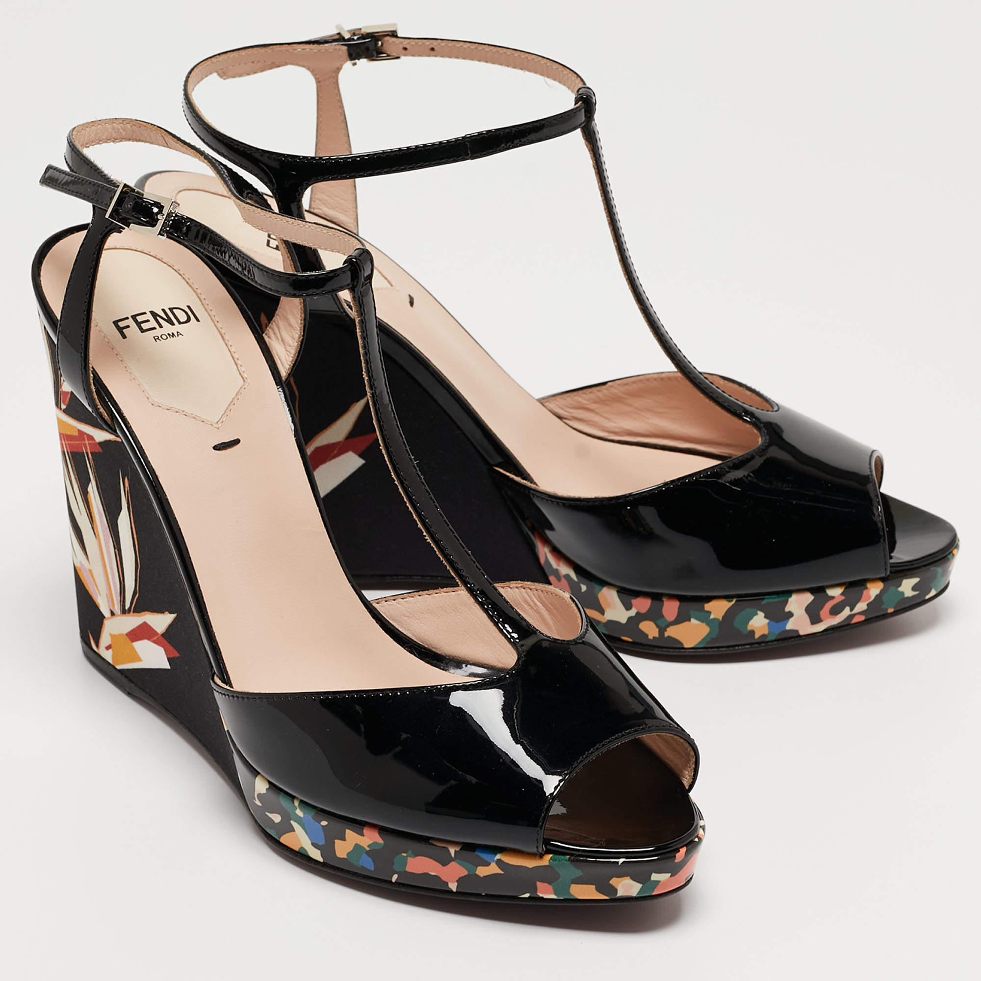Fendi Black Patent Leather Bird Of Paradise T-Strap Wedge Sandals Size 36 1