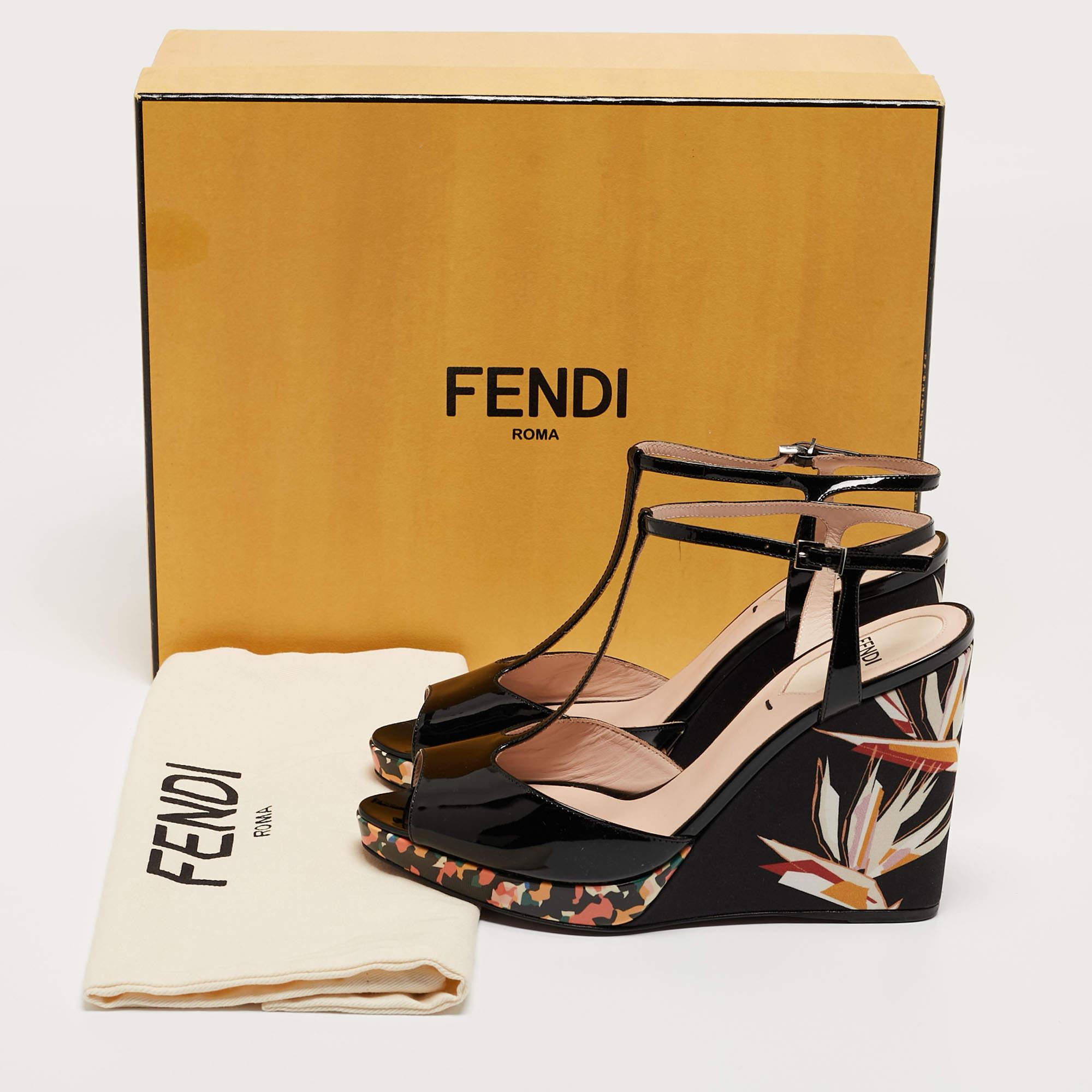 Fendi Black Patent Leather Bird Of Paradise T-Strap Wedge Sandals Size 36 3