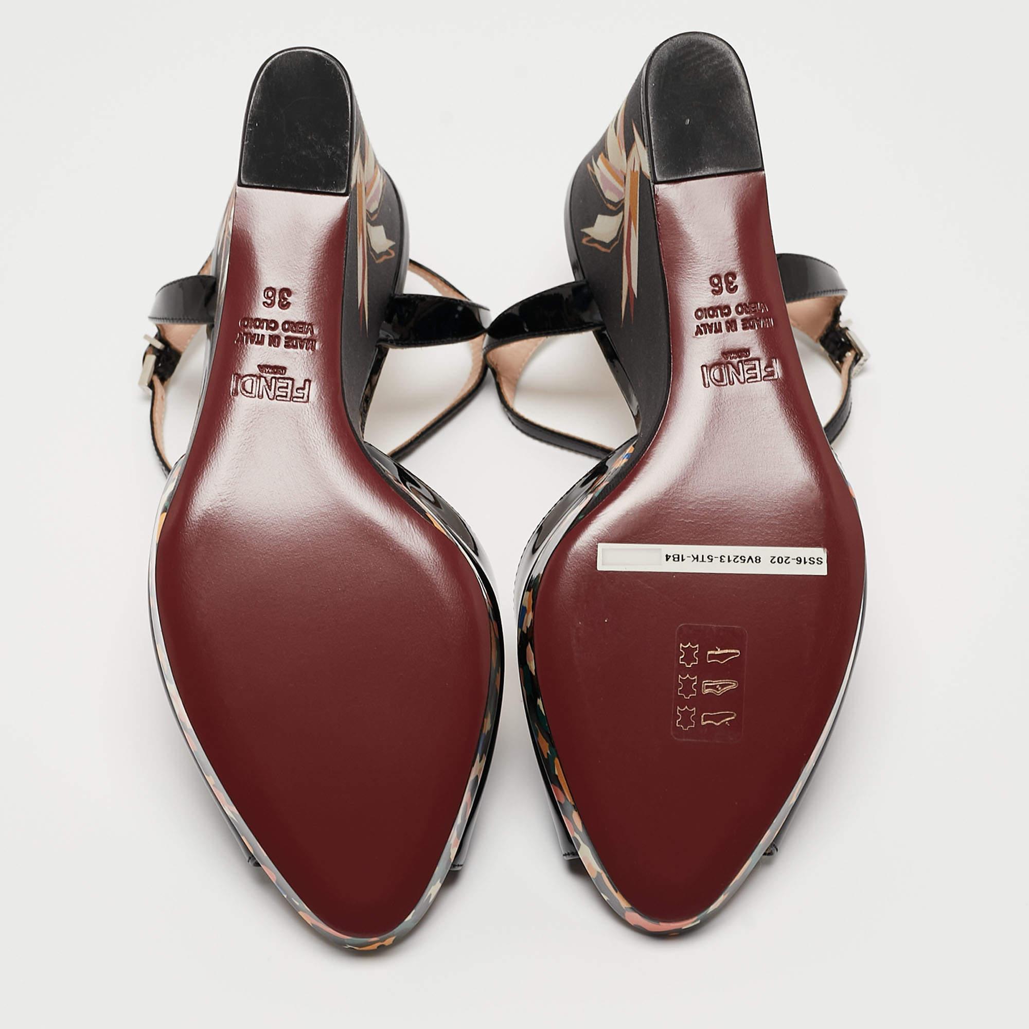 Fendi Black Patent Leather Bird Of Paradise T-Strap Wedge Sandals Size 36 5
