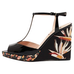 Fendi Black Patent Leather Bird Of Paradise T-Strap Wedge Sandals Size 36