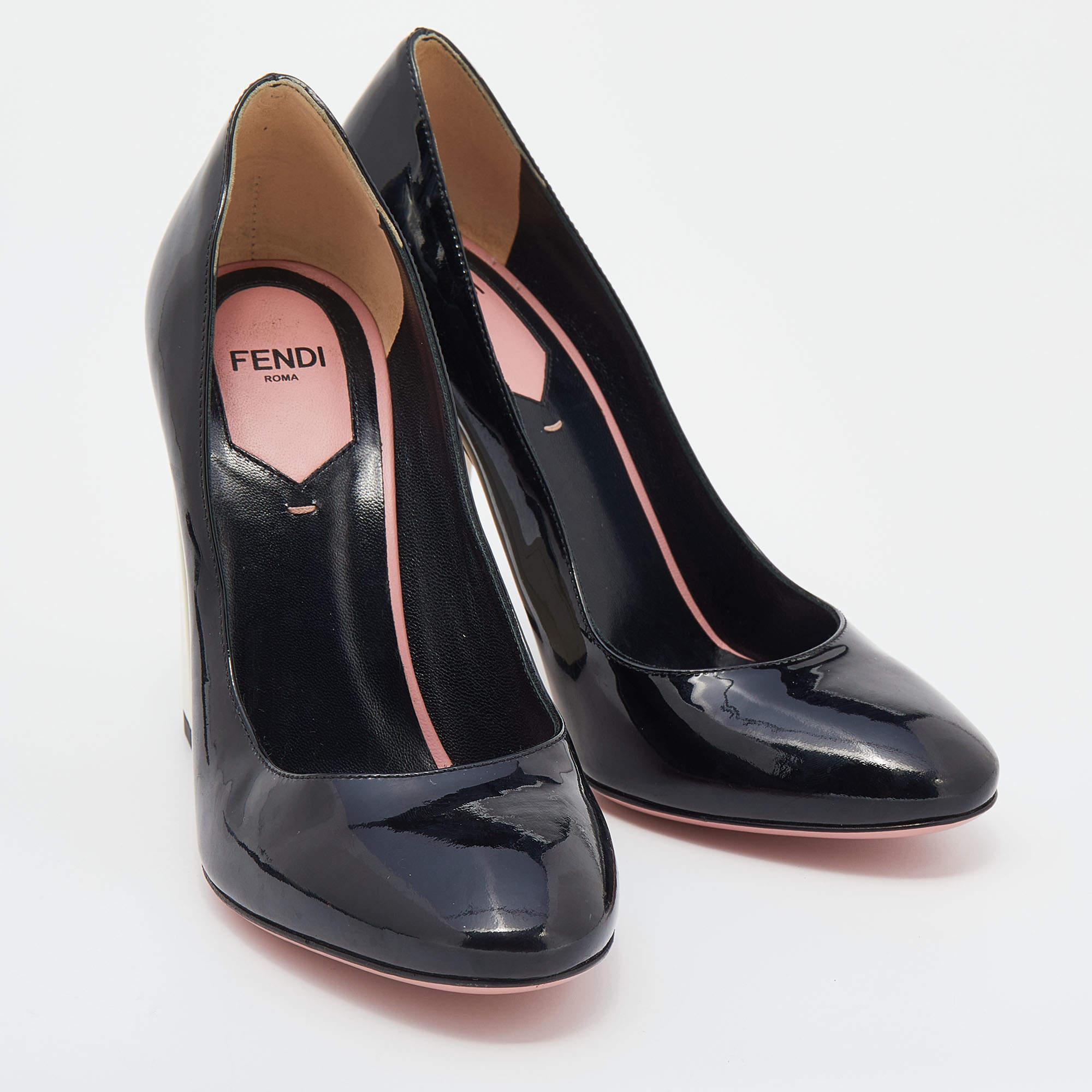 Women's Fendi Black Patent Leather Block Heel Pumps Size 36