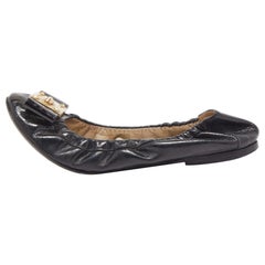 Fendi Black Patent Leather Bow Detail Scrunch Ballet Flats Size 37