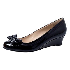 Fendi Black Patent Leather Bow Detail Wedge Pumps Size 38.5