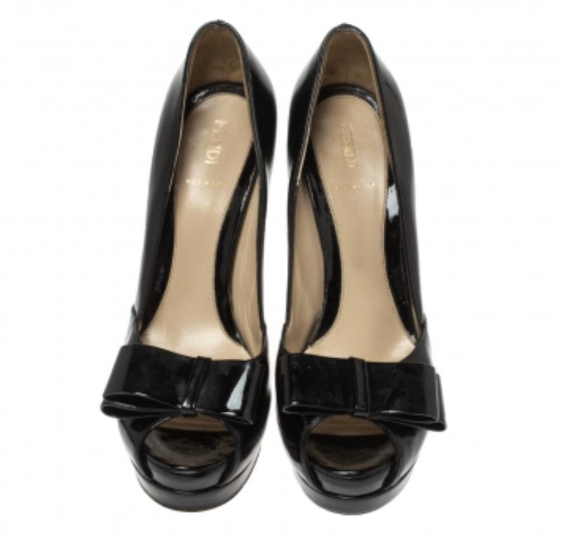 Women's Fendi Black Patent Leather Bow Peep Toe Platform Pumps Size 36 For Sale